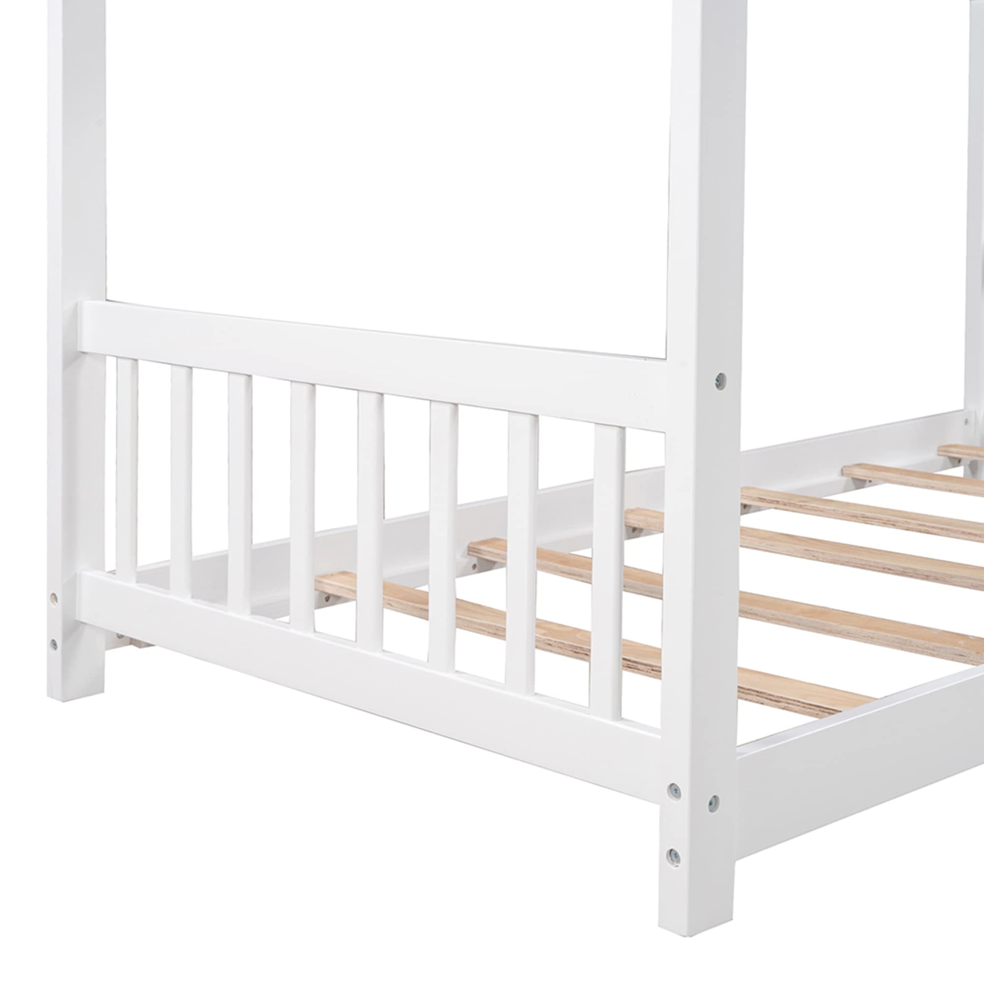 Wooden Twin House Bed with Roof Design - Platform Bed with Headboard & Footboard, White - Perfect for Kids' Bedrooms & Playrooms