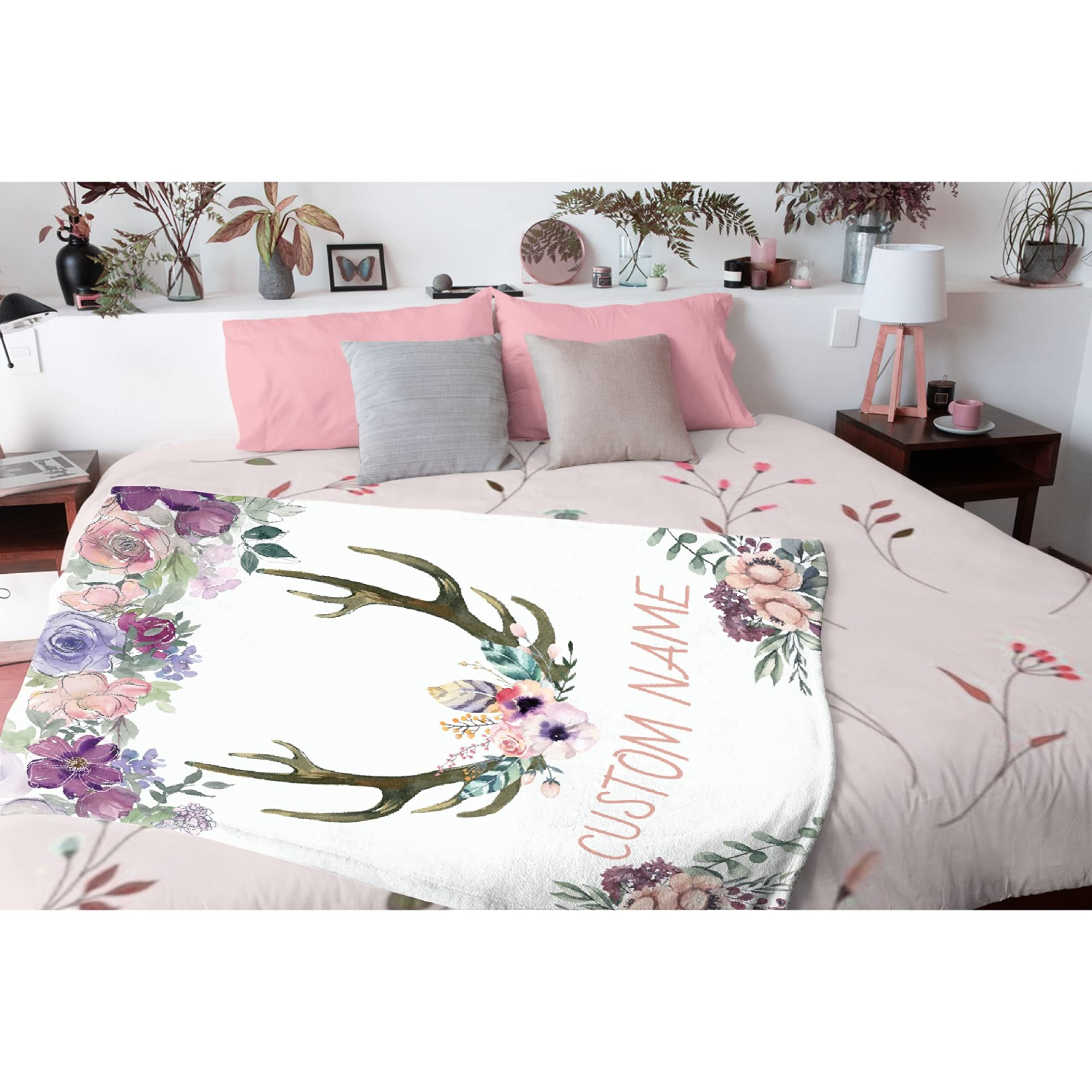 Personalized Baby Blanket with Name - Deer & Floral Pink Fleece Blanket for Girls, Boys, Baby Shower Gift - 120