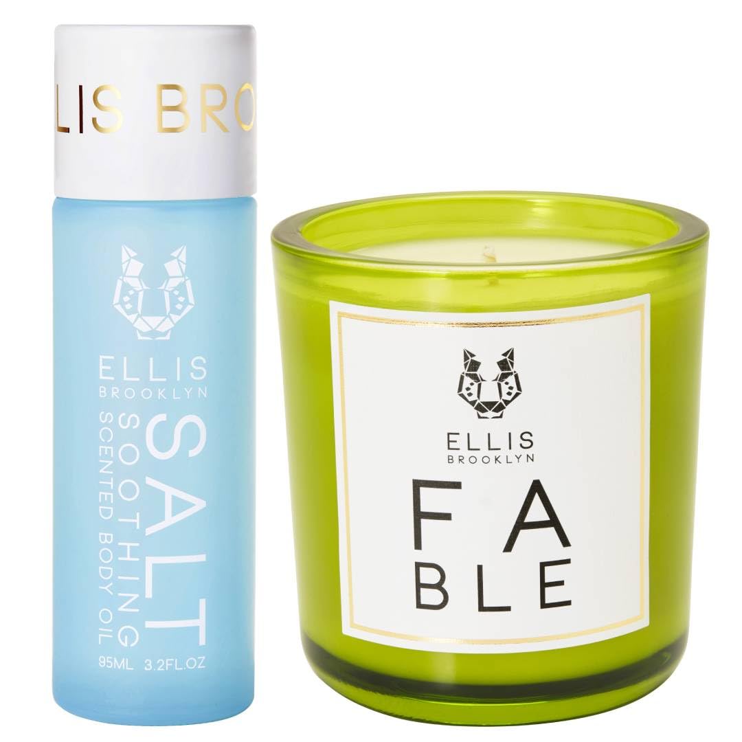 Ellis Brooklyn SALT Body Oil & FABLE Scented Candle Gift Set - Hydrating Moisturizer & Aromatic Soy Wax Candle for Relaxation, Spa, Bath & Home Decor