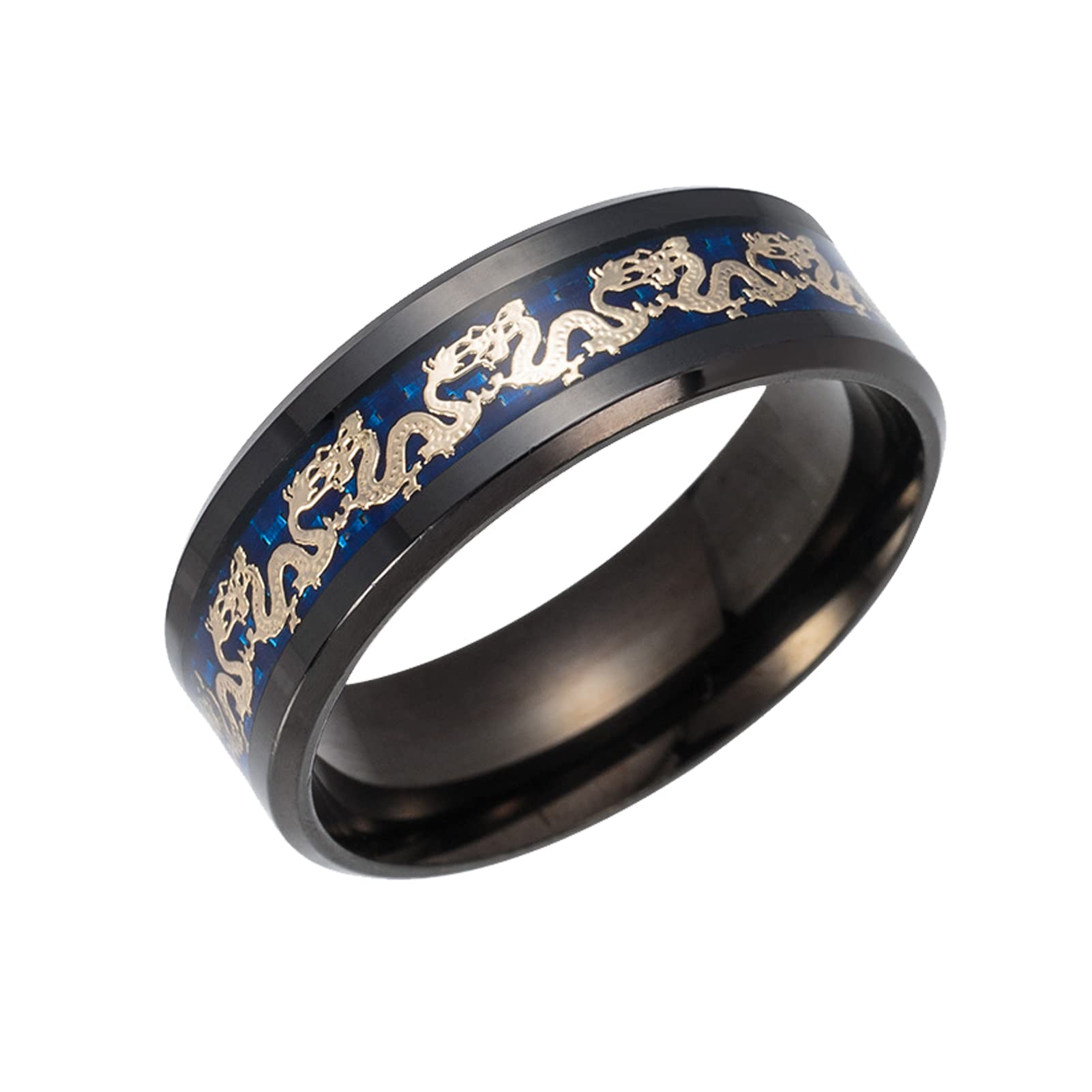 Chinese Dragon Titanium Steel Ring - Gold Inlaid Celtic Dragon Ring for Men - Blue & Black Viking Jewelry for Gifts, Weddings & Cosplay