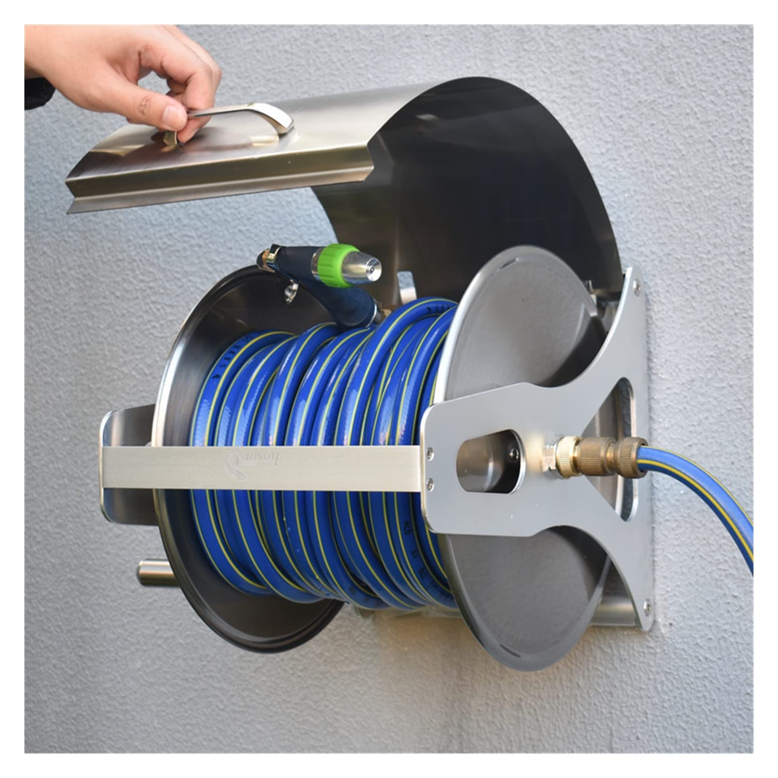 Stainless Steel Garden Hose Reel Cart with Cover - 10m Retractable Water Pipe Rack, Wall Mounted Hose Organizer with Watering Gun for Car Washing, Lawn Care & Outdoor Gardening (Silver) - Perfect for Backyard, Patio & Home Maintenance