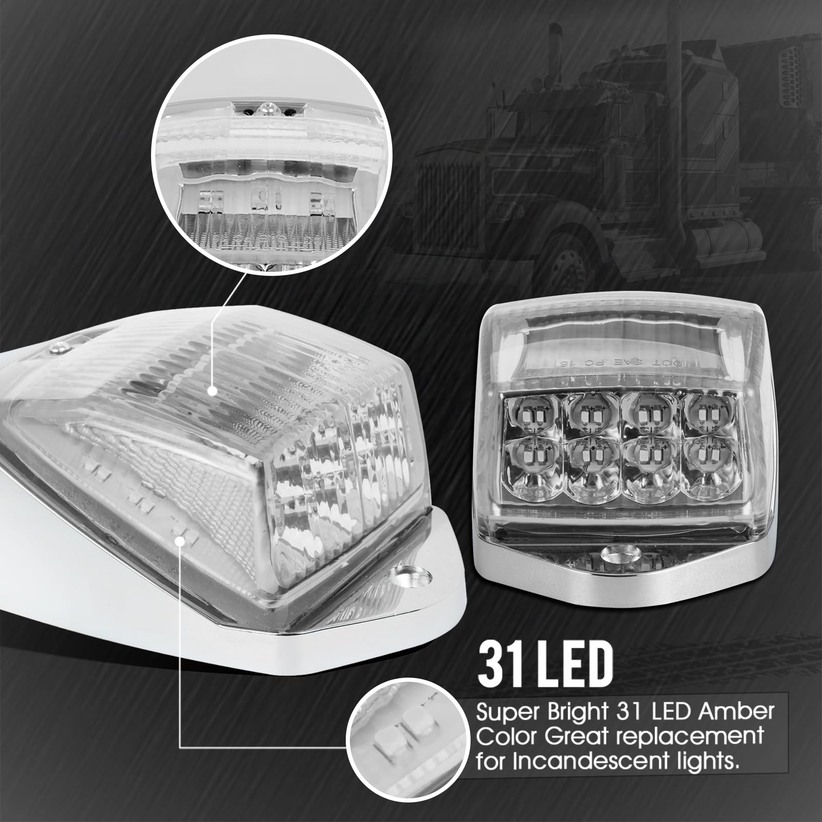Partsam 10-Piece 31-LED Amber Cab Light Kit with Chrome Base - Compatible with Peterbilt, Freightliner, Western Star, Mack & International Semi Trucks - Durable Roof Running Marker Lights for Enhanced Night Visibility & Safety