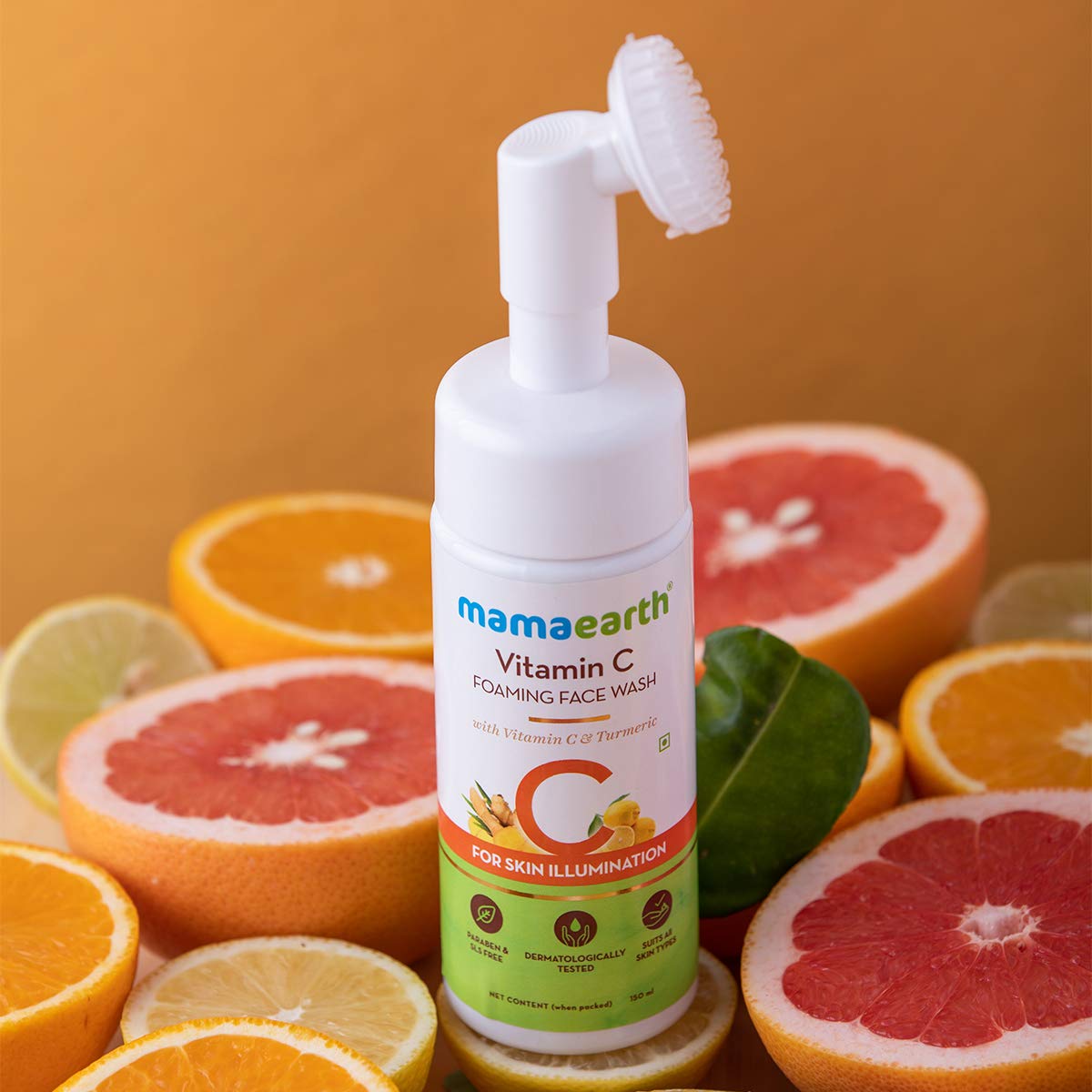 Mamaearth Vitamin C Face Wash with Foaming Silicone Cleanser Brush - 150ml | Powered by Vitamin C & Turmeric for Glowing Skin | Perfect for Daily Skincare Routine & Acne-Prone Skin