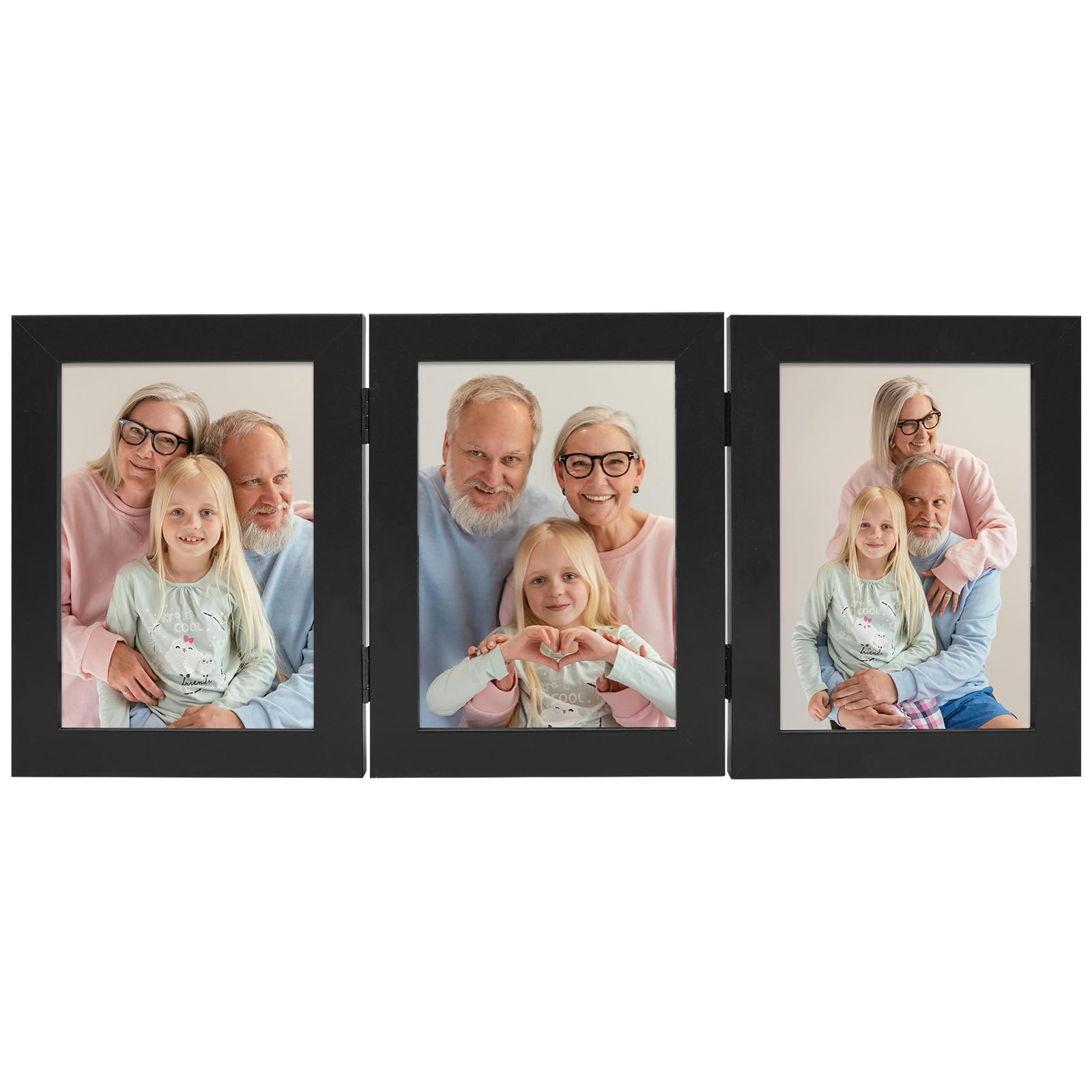 Frametory 5x7 Triple Picture Frame - Black Trifold Photo Collage with Glass Front for Tabletop Display | Perfect for Family Photos, Wedding Memories, and Home Decor (1 Pack)