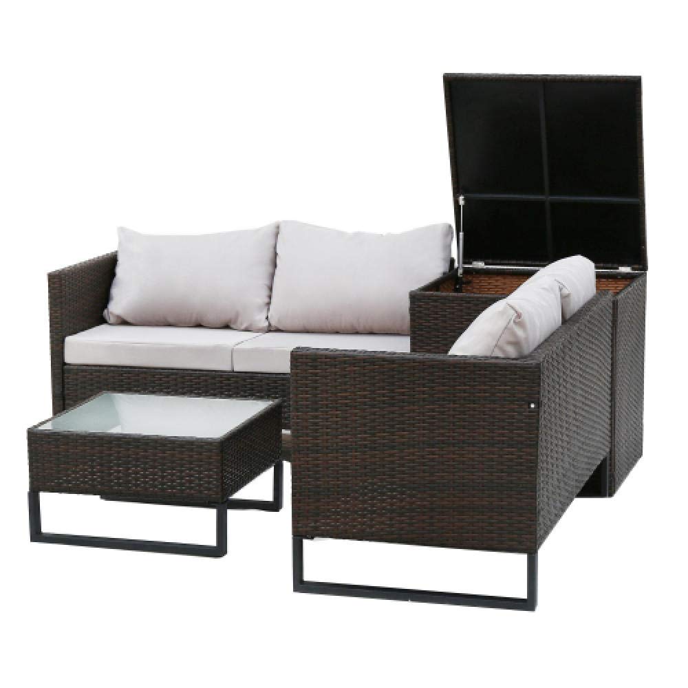 KaO0YaN 4-Piece Outdoor Rattan Patio Furniture Set with Storage Box - Gray & Beige Bistro Sofa Chairs and Coffee Table - Perfect for Backyard, Garden, and Poolside Relaxation
