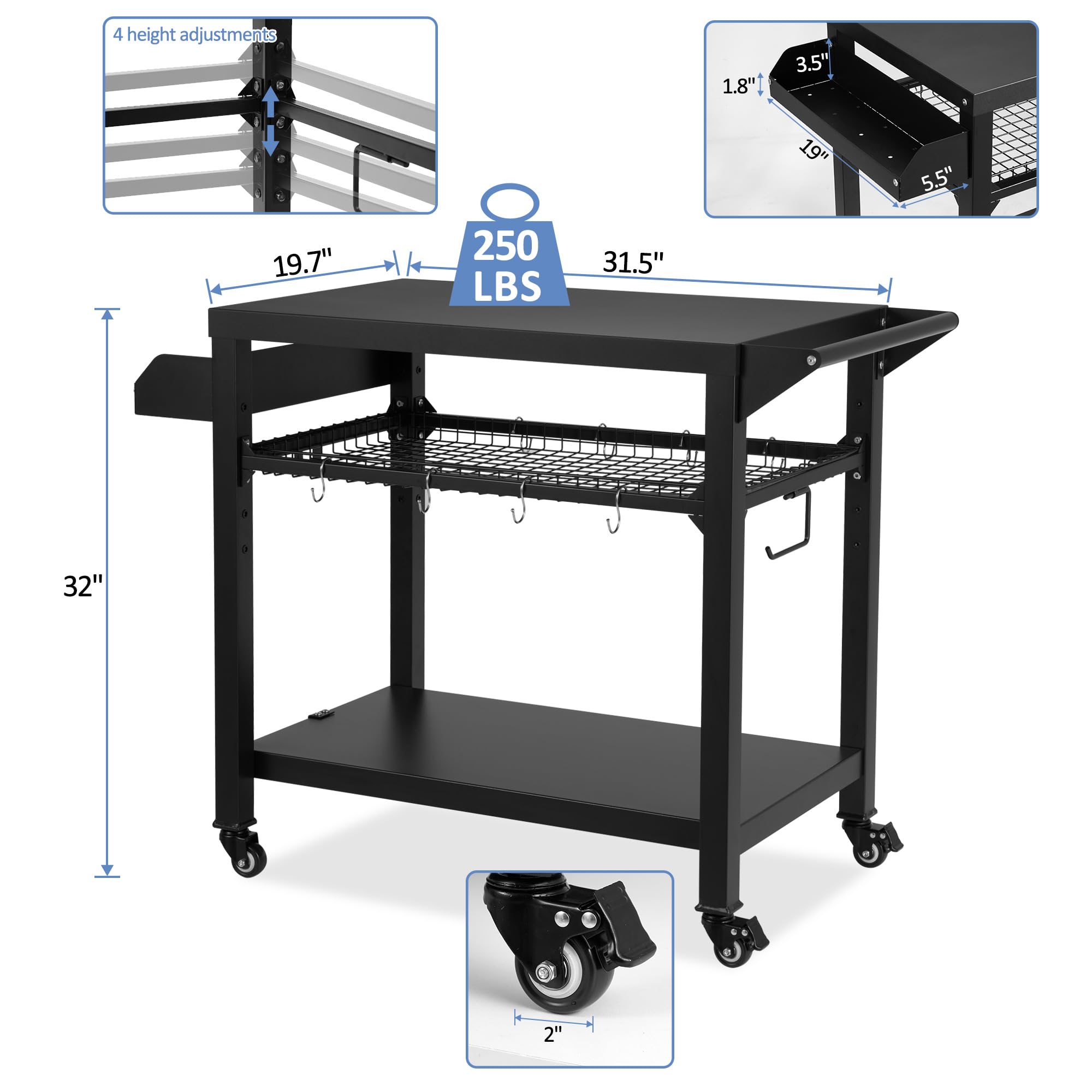 Spurgehom Grill Cart with Wheels - Outdoor Pizza Oven Stand & BBQ Prep Table | Portable Kitchen Cart with Mesh Racks for Patio, Backyard, Camping & Home Parties | Perfect for Outdoor Cooking, Dining & Entertaining