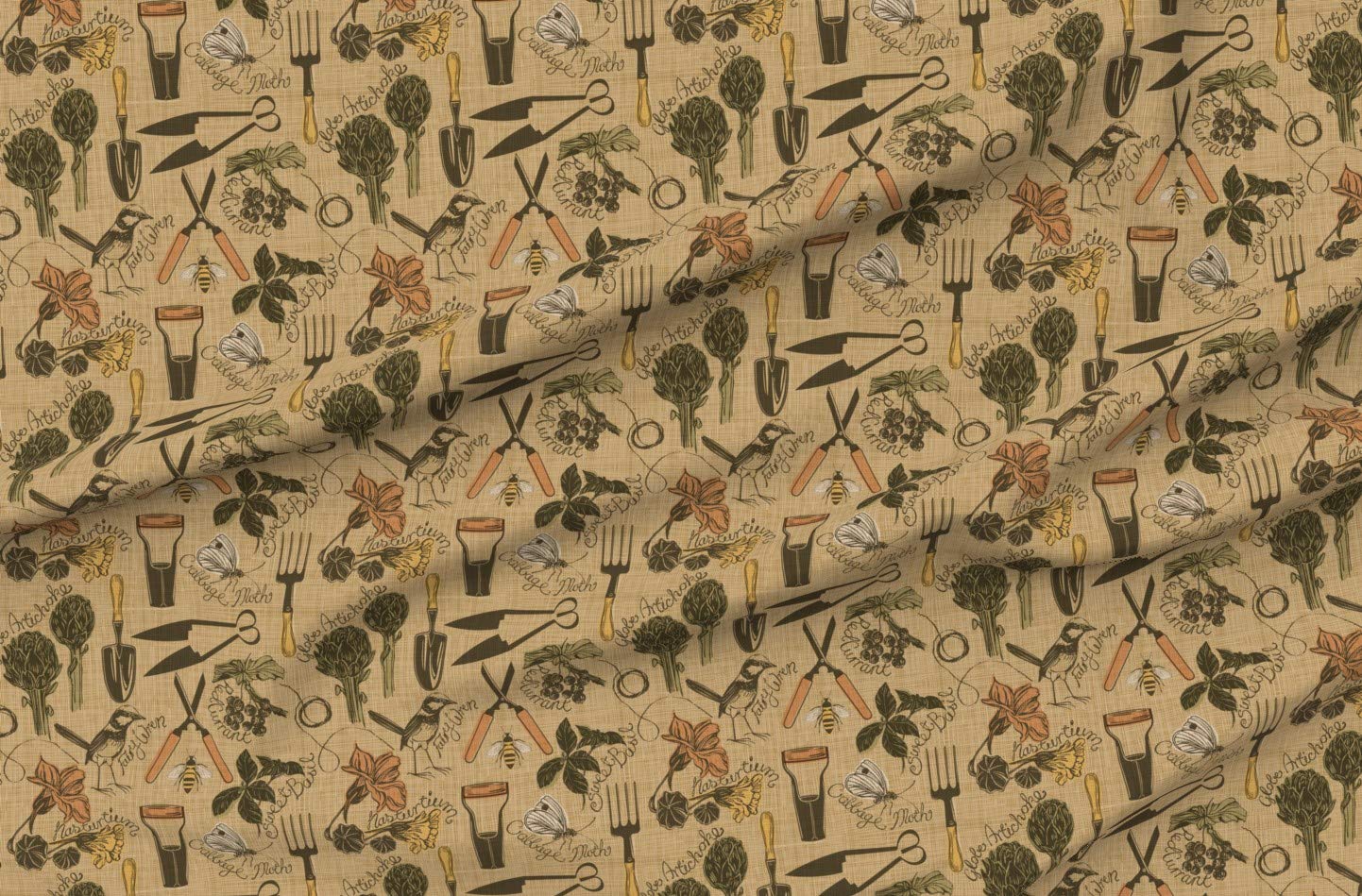 Rustic Garden Gardening Tools Printed Chiffon Fabric by The Yard - DIY Sewing, Fashion Apparel, Dresses & Home Decor - Perfect for Spring Farming, Kitchen Decor & Cottagecore Projects