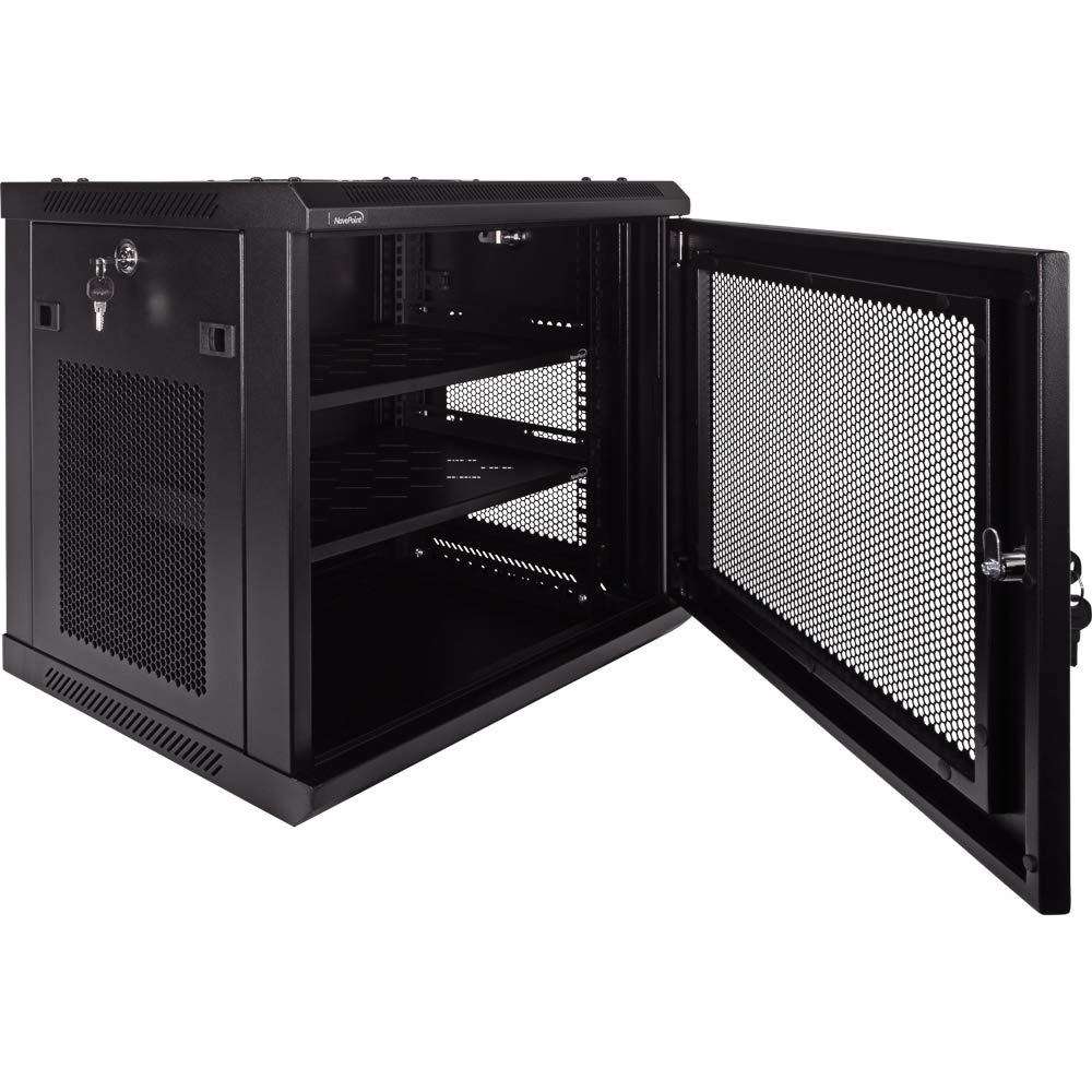 NavePoint 9U Deluxe IT Wall Mount Cabinet - 19-Inch Server Network Rack with Locking Perforated Door, Black - Includes Shelves for Secure Data Center & Office Equipment Storage