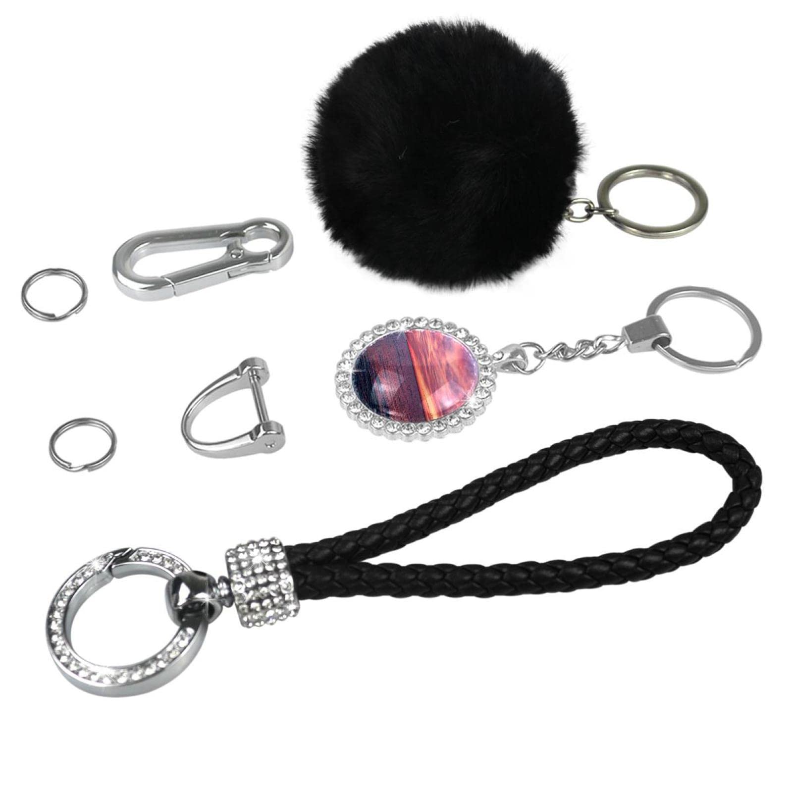 8Pcs Sunset Sea Pattern Keychain Set with Pompom - Stylish Key Chains for Women & Girls - Perfect for Beach Trips, Gifts & Everyday Carry