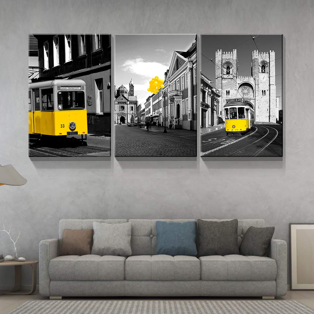 Denozer - 3 Panel Modern Black and White Urban Canvas Wall Art - Stretched & Framed Ready to Hang - 16x24 Inches - Home Decor for Living Room, Bedroom & Office