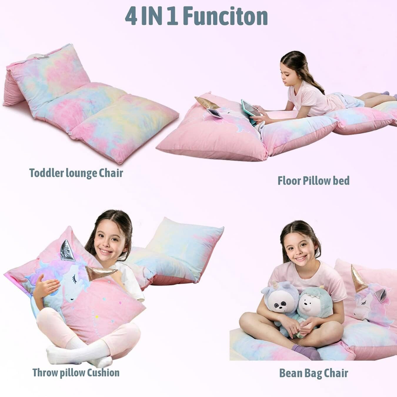 Unicorn Kids Floor Pillow - Soft Bed Seat Cover for Girls, Queen Size - Perfect for Playroom, Bedroom, and Cozy Reading Nook