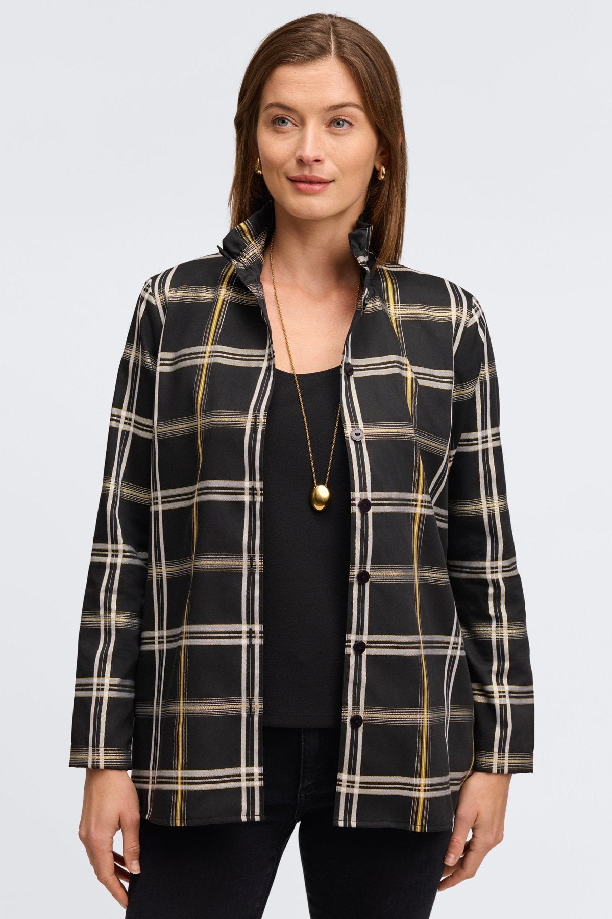 Carolina Gold & Silver Lurex Plaid Long Sleeve Shirt Jacket for Women - Stylish Fall Winter Fashion Outerwear - Perfect for Office, Party & Casual Outings