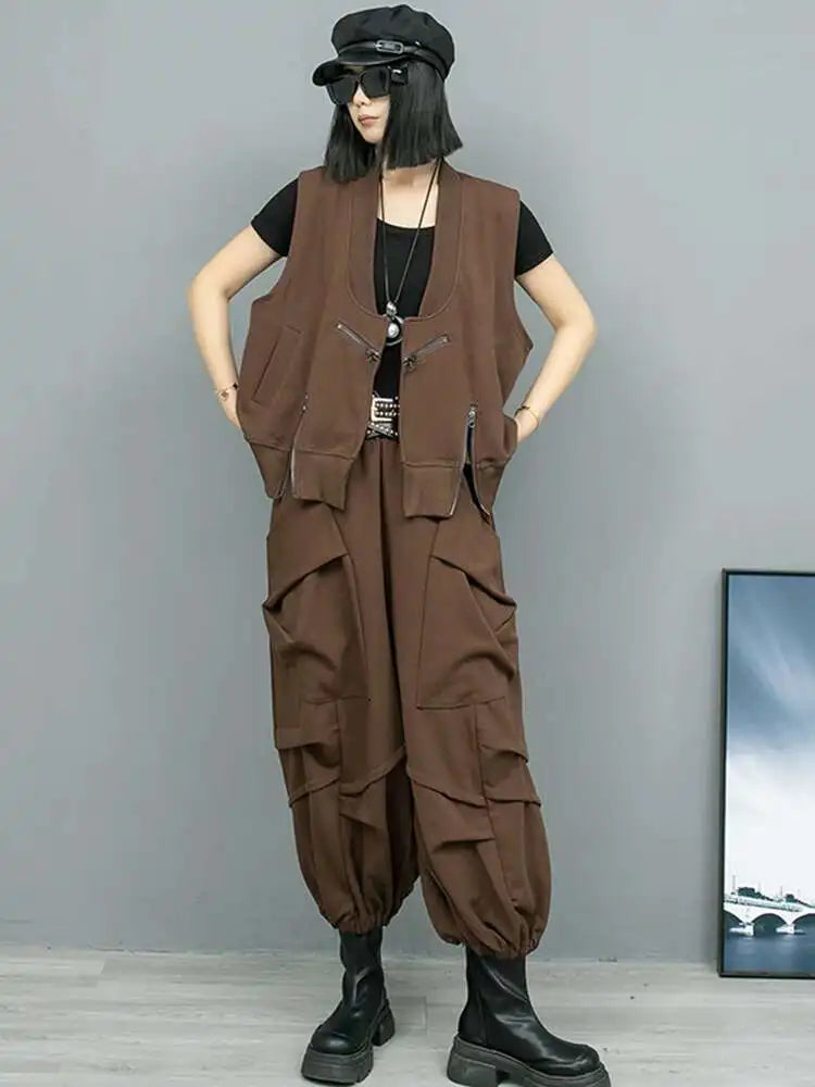 Big Size Coffee Vest & Wide Leg Pants Two-Piece Suit for Women - V-Neck Sleeveless Fashion Set for Spring/Autumn 2025 (1DH8108) | Office Wear, Casual Outfit & Special Occasion