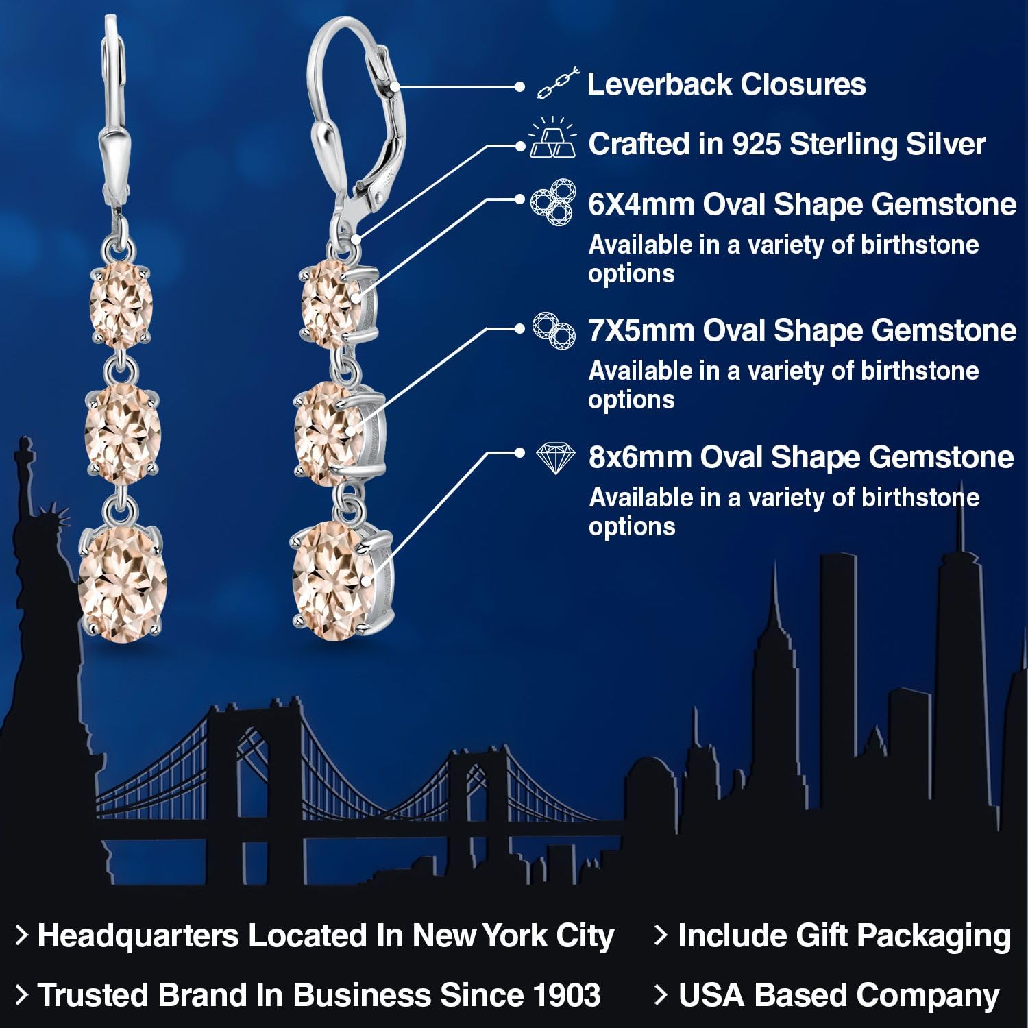 Gem Stone King 3-Stone Leverback Drop Dangle Earrings for Women | 925 Sterling Silver Birthstone Jewelry | Oval 8x6mm, 7x5mm & 6x4mm Gemstones | Elegant Gift for Mom, Wife, Her | Perfect for Birthdays, Anniversaries & Special Occasions