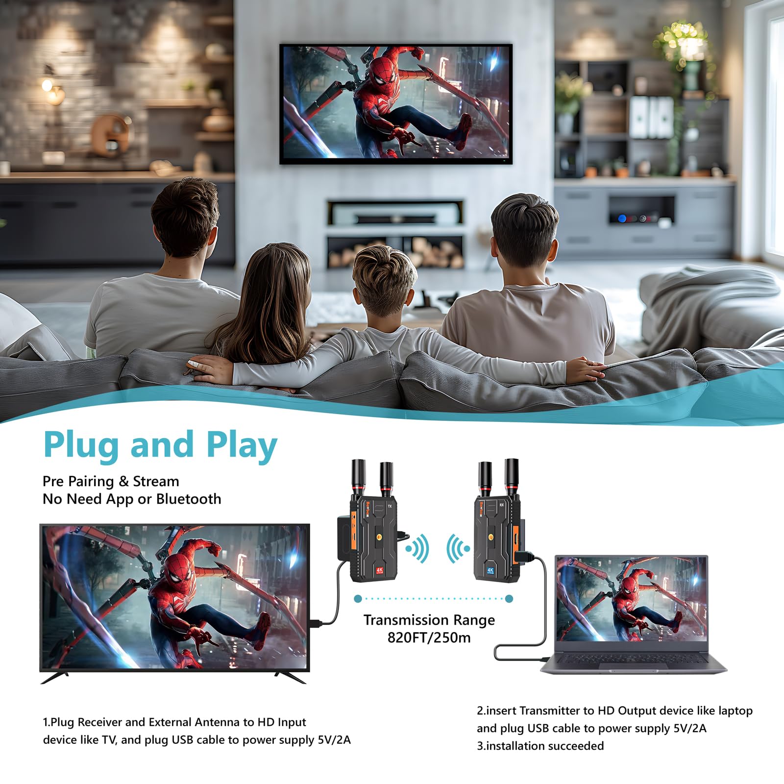 4K Wireless HDMI Transmitter and Receiver Kit - 5G 820FT Plug & Play HDMI Extender with Loopout for Streaming Video/Audio from Laptop/PC to Monitor - Perfect for Home Theater, Gaming & Conference Presentations