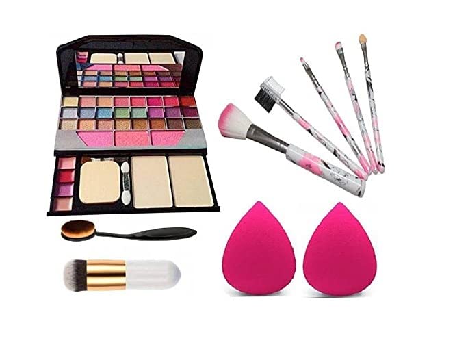 JEKANAZO'S Professional Makeup Combo 6155 Tya Makeup Kit - 5-Piece Brush Set, Oval & Round Foundation Brushes, 2 Makeup Sponges (10-Pack) | Perfect for Makeup Artists, Beginners & Everyday Beauty Routine