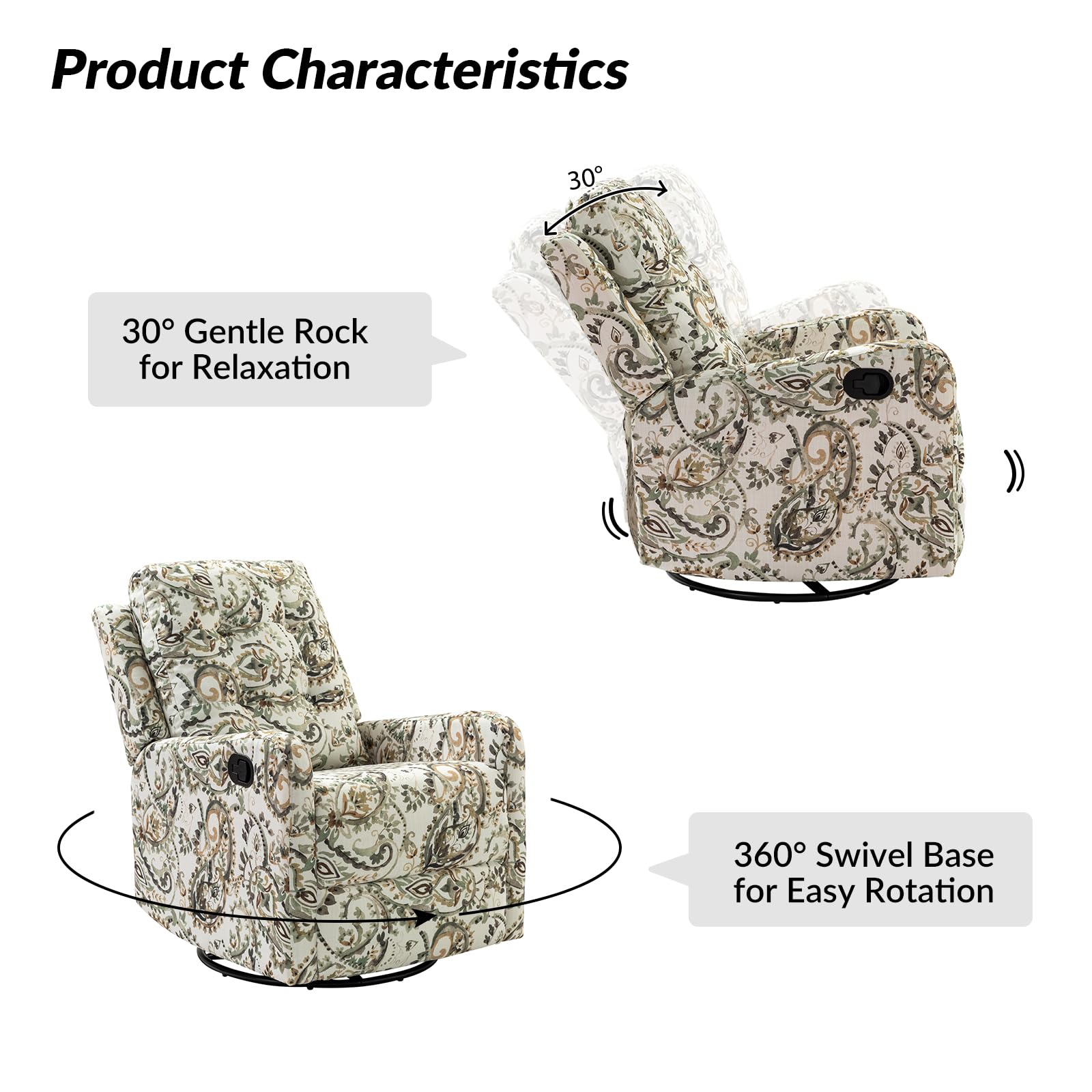 HULALA HOME Modern Printed Fabric Recliner Chair - 360 Degree Swivel Wingback Rocker with Adjustable Backrest & Footrest, Comfortable Living Room Armchair for Nursery, Home Theater & Relaxation (Sage Green)