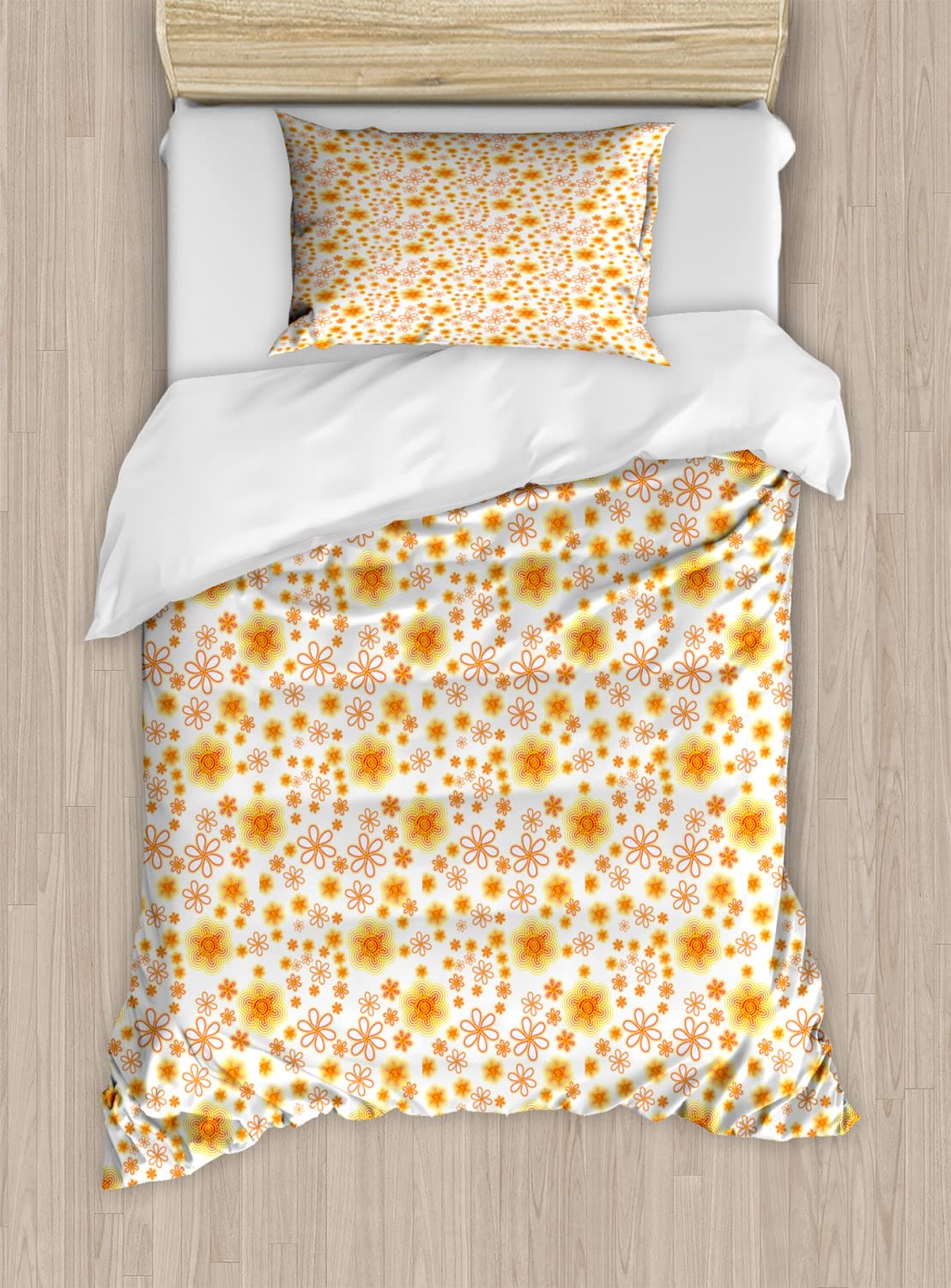 Ambesonne Floral Duvet Cover Set - King Size 2-Pack with 2 Duvet Covers & 4 Pillowcases, Vintage Inspired Abstract Summer Design in Vermilion Yellow & White | Perfect for Bedroom Decor, Guest Room Makeover & Cozy Home Styling