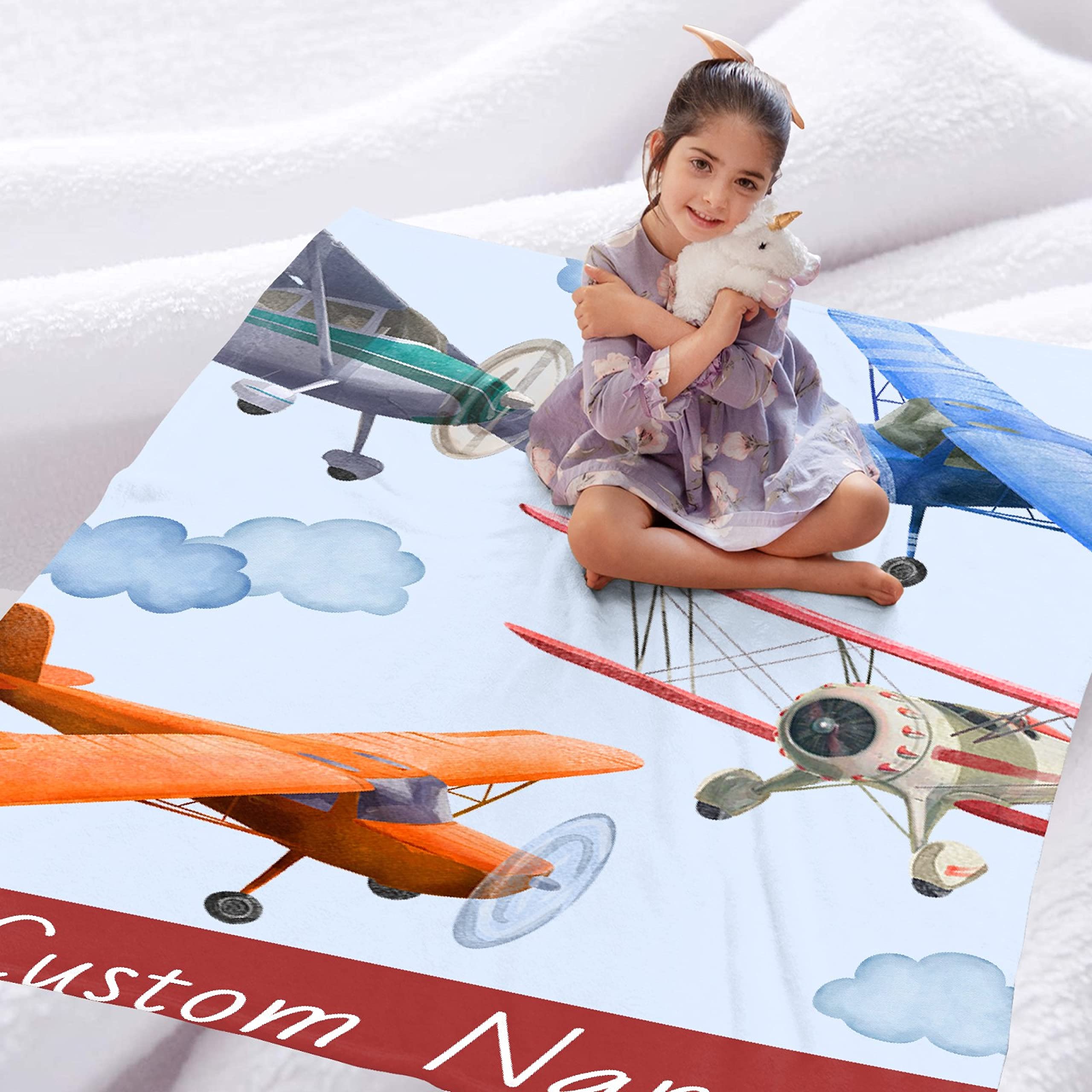 Personalized Airplane Baby Blanket with Name - Custom Fleece Throw Blanket for Boys & Girls (120