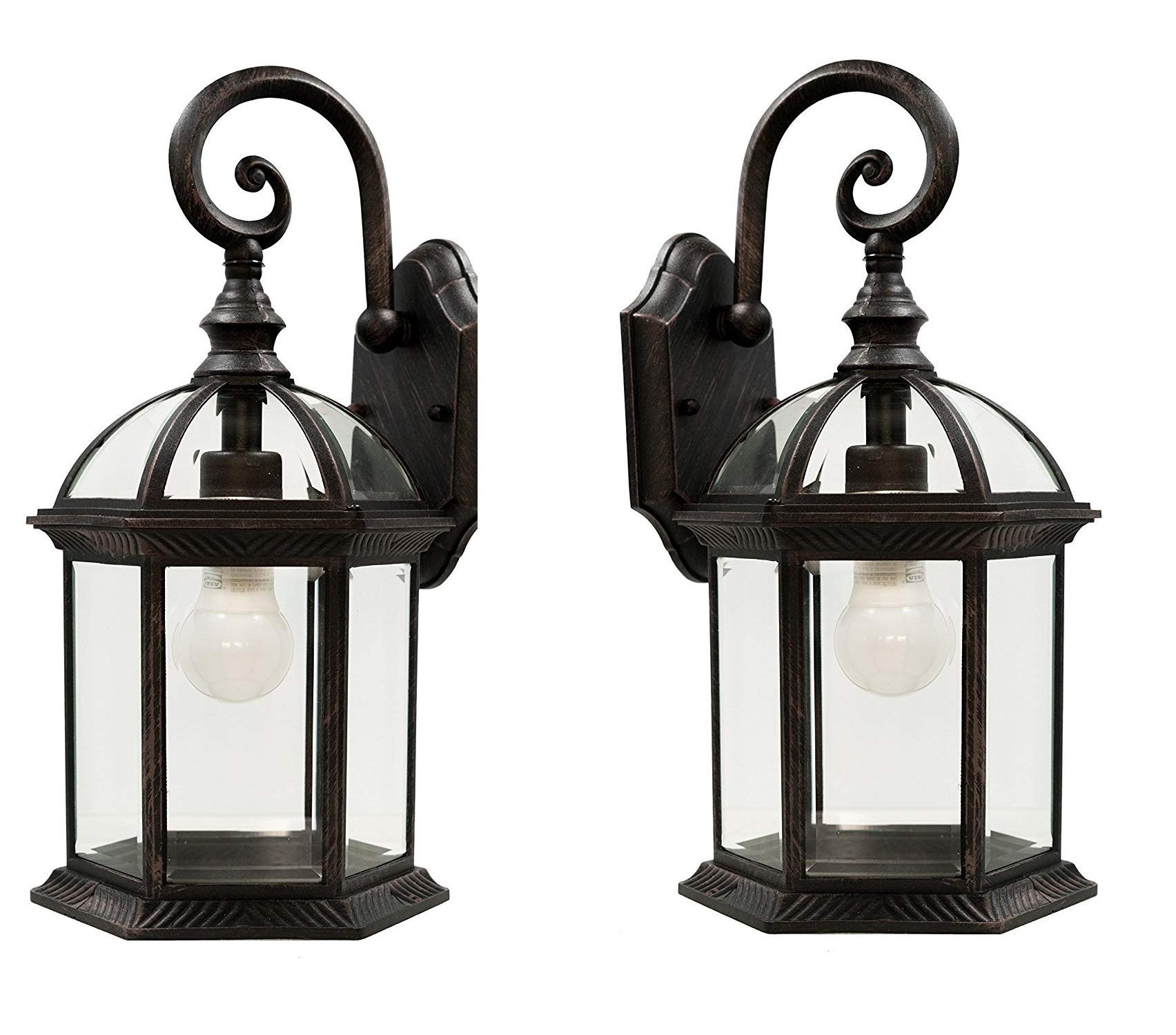 Rustic Wall Lanterns 2 Pack - Weatherproof Outdoor Lighting with Decorative Scroll Sconce Arm & Clear Beveled Glass - Perfect for Front Porch, Backyard, Garden & Patio Lighting