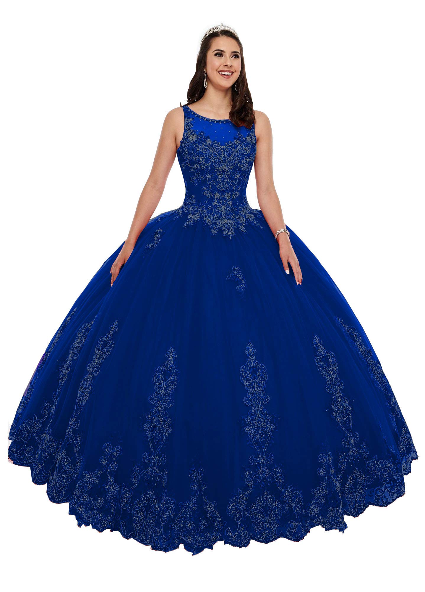 Emanni Women's Sleeveless Quinceanera Dress with Embroidery & Beading - Sweet 16 Party Dress, Evening Formal Gown in Royal Blue - Perfect for Quinceañeras, Proms, Weddings & Special Occasions
