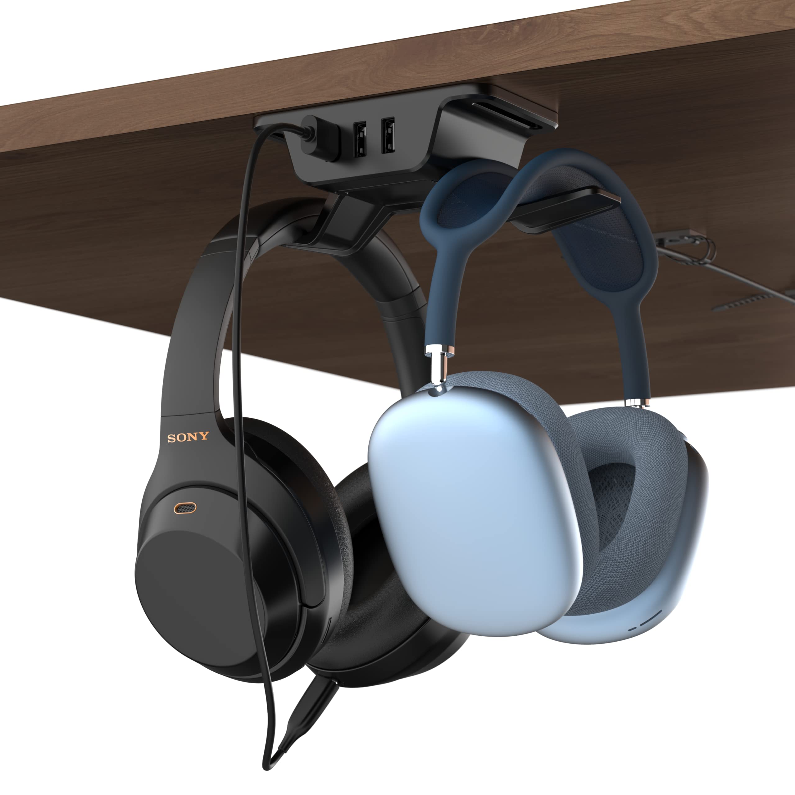 HumanCentric Under Desk Headphone Hook & USB Charging Station - 3-Port USB A Charger, Headset Holder & Accessory Organizer for Home Office, Gaming Setup & Workspace (Black)