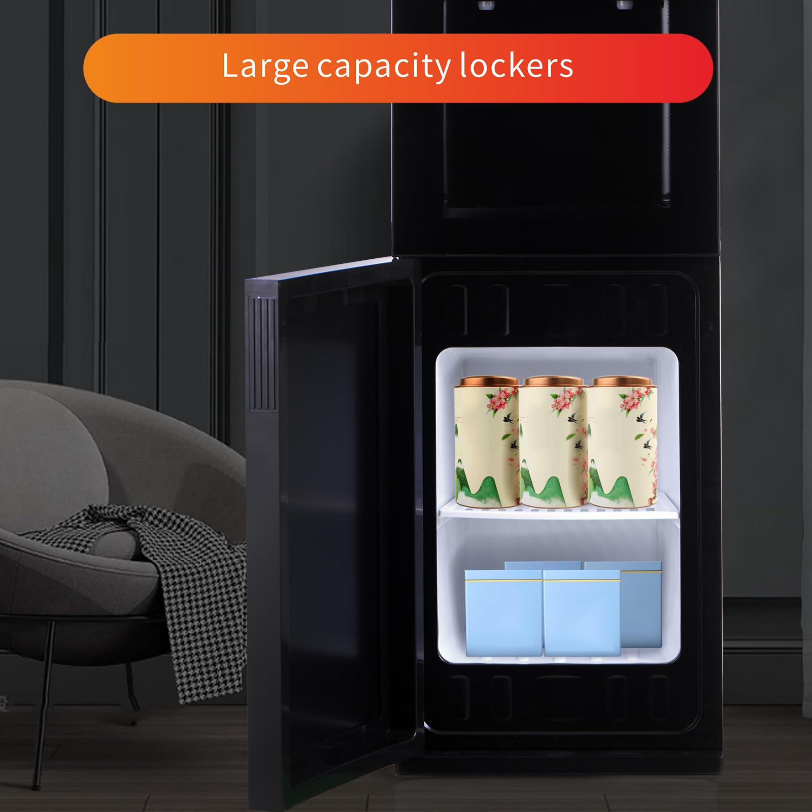 5 Gallon Top Load Water Cooler with Hot & Cold Dispenser - Freestanding for Home & Office, Compatible with 3 & 5 Gallon Bottles, Luxury Black Design (Black) - Perfect for Kitchen, Breakroom, and Office Hydration