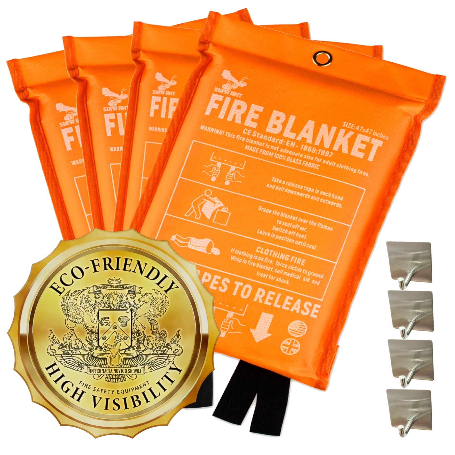 4 Pack Supa Ant Emergency Fire Blanket - 1500°F Heat Resistant, Glow in The Dark for High Visibility - CE Certified Fire Safety Blanket for Kitchen, Home & Camping (47in) - Perfect for Stove Fires, Grill Accidents & Emergency Preparedness