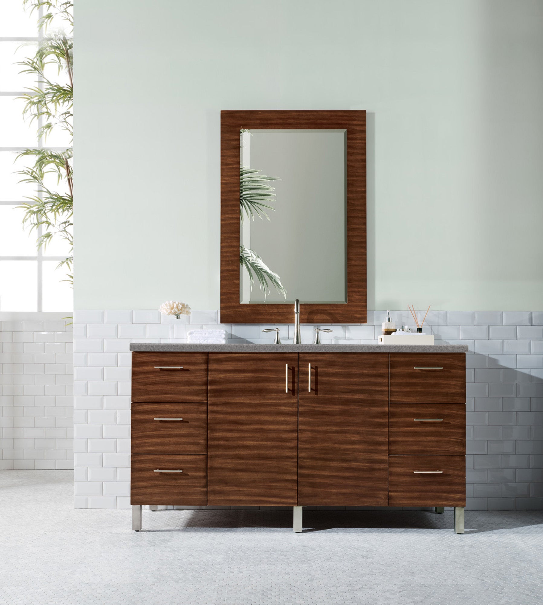 Metropolitan 60 Inch Single Bathroom Vanity with American Walnut Finish & 3CM Gray Expo Quartz Countertop - Perfect for Modern Master Bathrooms and Powder Rooms