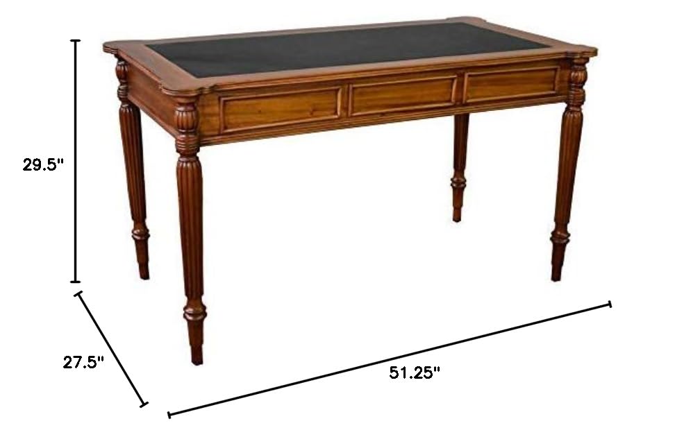 Handcrafted Solid Mahogany Wood Desk with Genuine Leather Top - Brown Walnut Finish for Home Office, Study & Executive Workspace