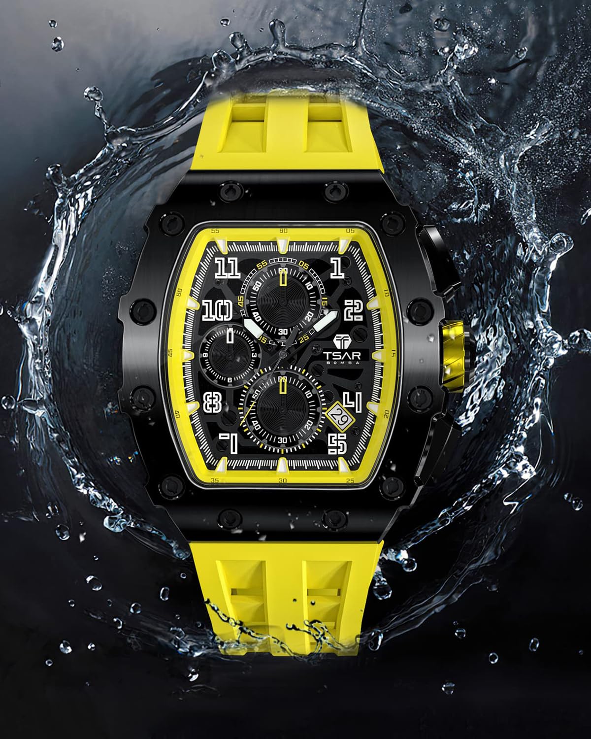 TSAR BOMBA Luxury Men's Tonneau Watch - Waterproof 50M Analog Chronograph with Date Calendar - Business Dress & Diver Watch for Men - Large Square Face Wristwatch - Perfect for Office, Formal Events & Water Activities