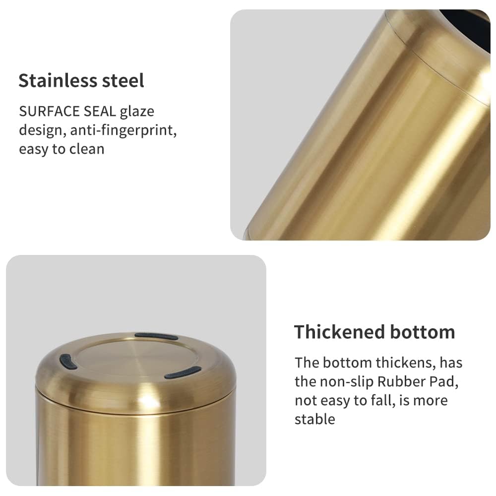 8L/2.1 Gallon Brushed Nickel Gold Trash Can - Small Brass Waste Bin for Bathroom, Powder Room, Bedroom & Office - Elegant Gold Garbage Can for Home & Office Decor (Gold) | Perfect for Bathroom Vanity, Bedside, Desk & Living Room Spaces