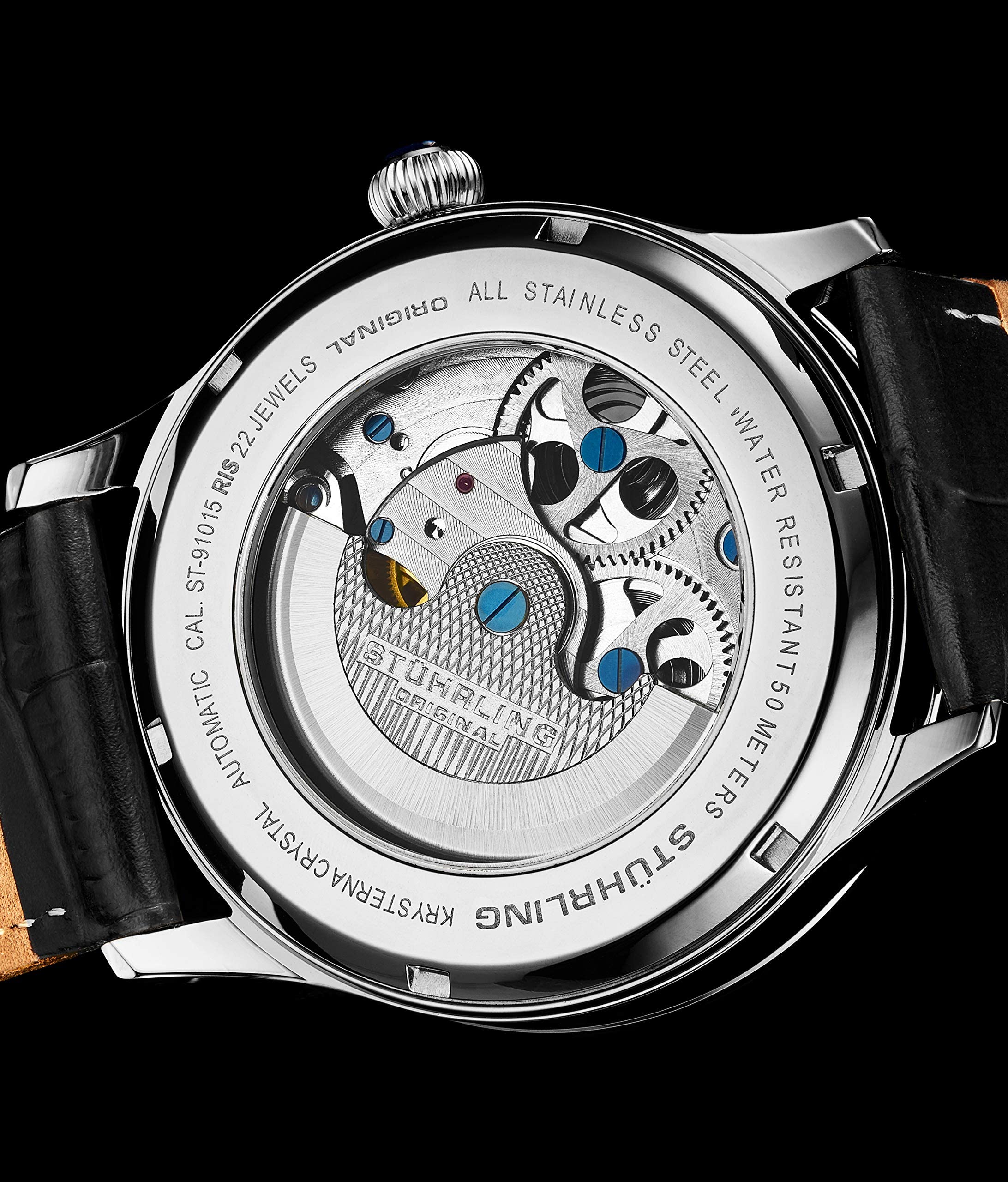 Stuhrling Original Men's Automatic Skeleton Watch with Dual Time, AM/PM Sun Moon Display & Genuine Leather Band - Luxury Dress Watch for Business, Formal Occasions & Everyday Wear