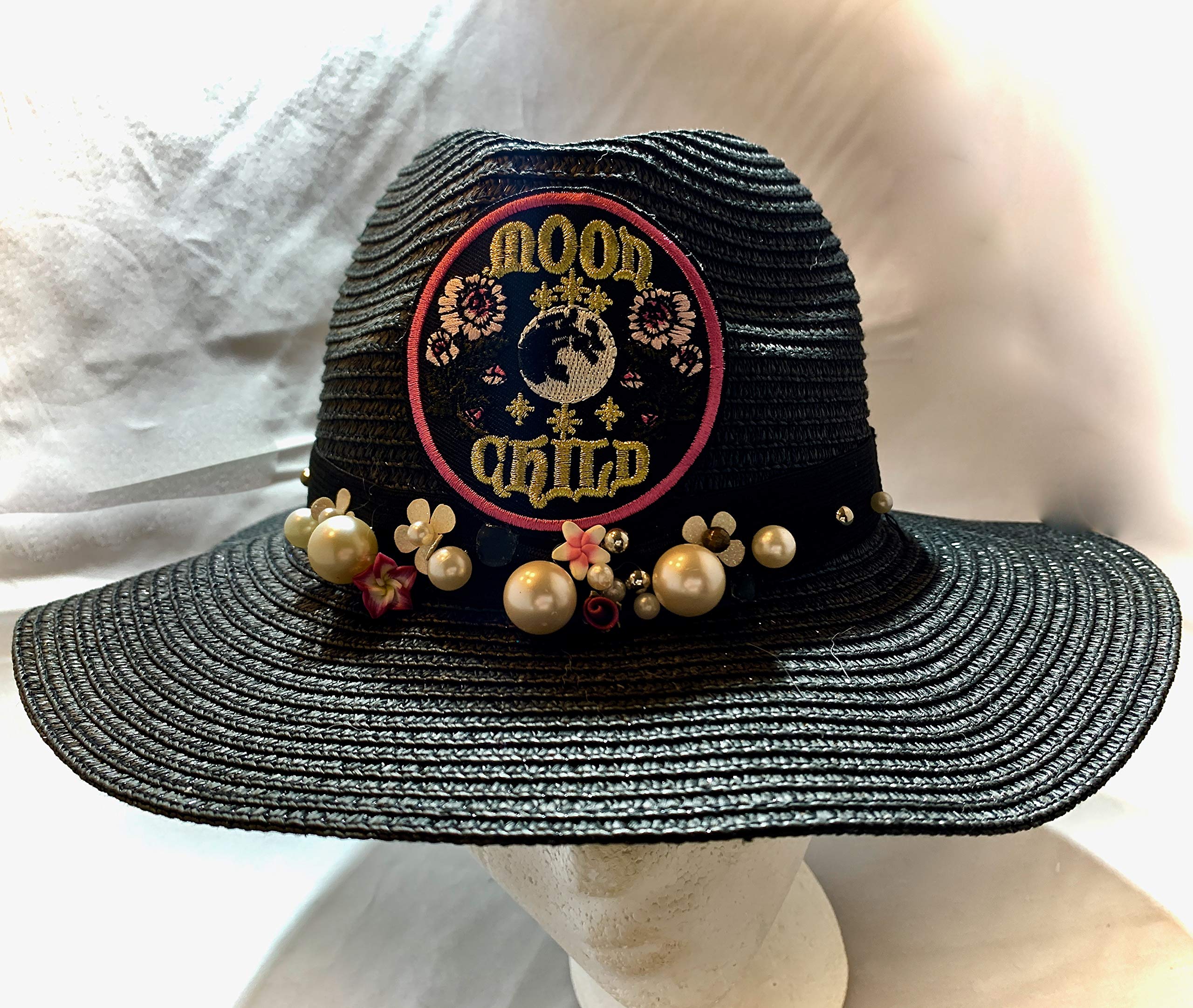 Moon Child Black Panama Hat for Women - Stylish Summer Sun Hat for Beach, Travel & Outdoor Activities