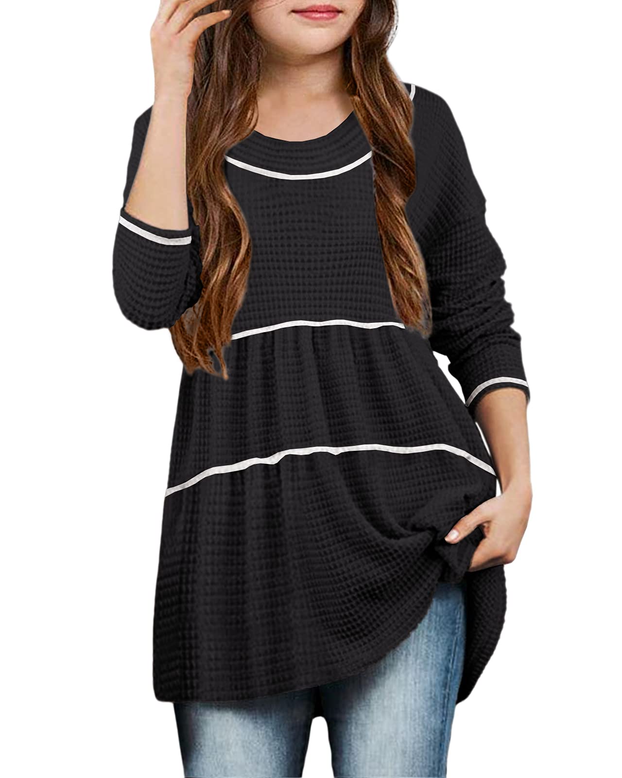 Foshow Girls Waffle Crew Neck Peplum Dress - Kids Flowy Swing Babydoll Tunic Top with Stripes - Perfect for School, Parties & Casual Outings