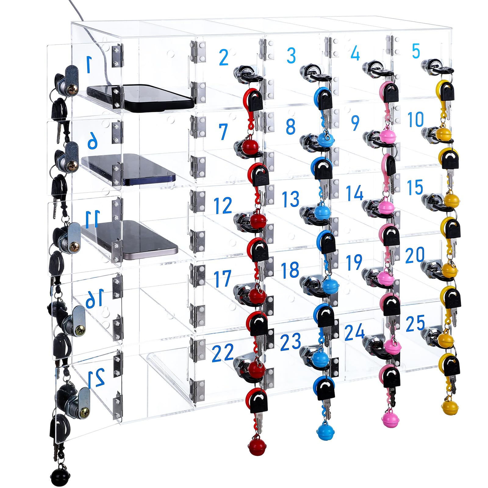 25-Door Clear Acrylic Cell Phone Locker Cabinet with Charging Ports & Key Locks - Wall Mounted Storage Solution for Classroom, Office, School & Factory - Organize Employee Devices Securely