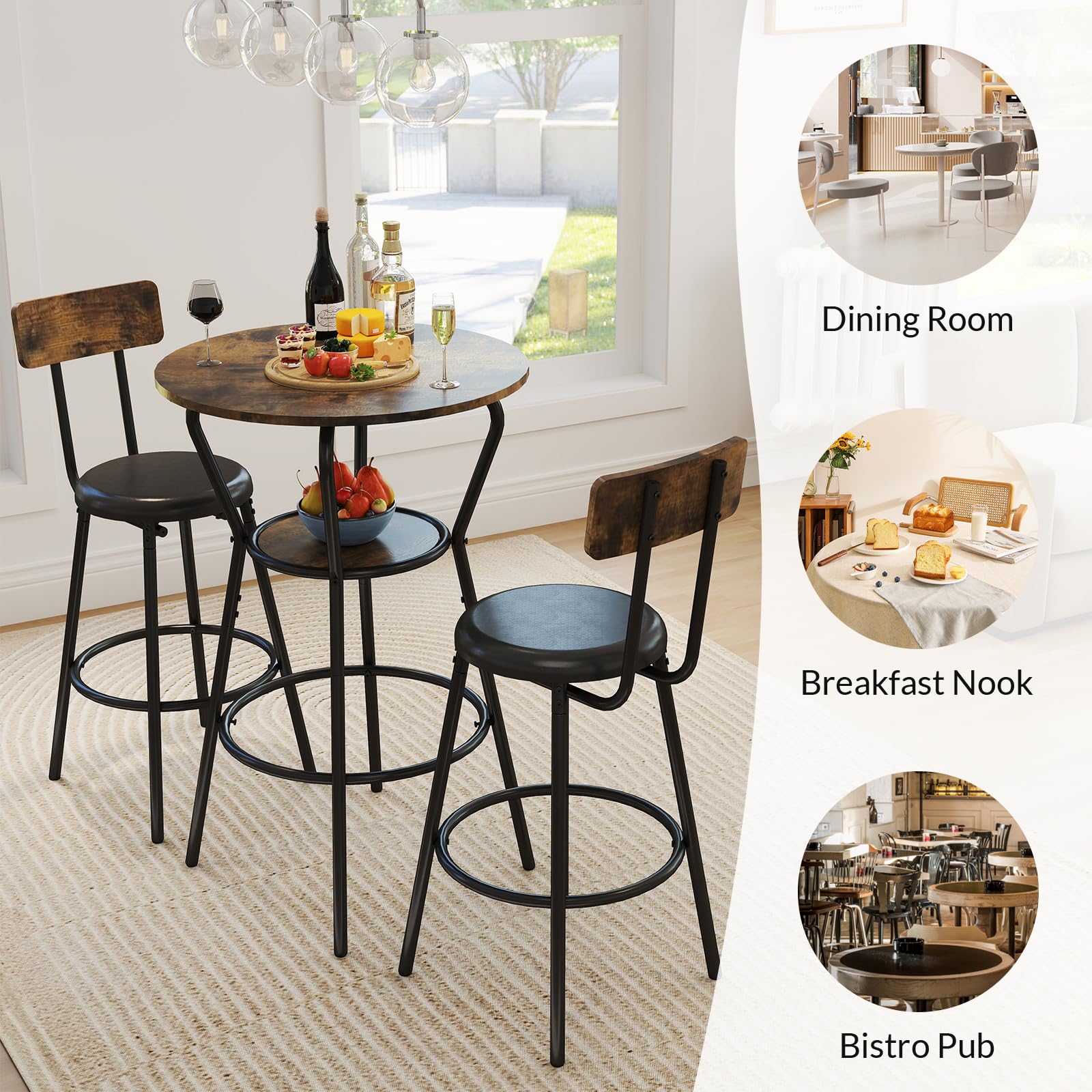 3-Piece Round Bar Table and Chair Set - Small Dining Table for 2 with 2 Upholstered Stools, Modern Kitchen Breakfast Nook Set in Rustic Brown - Perfect for Small Spaces, Apartments, Kitchen Nooks & Bistro Dining