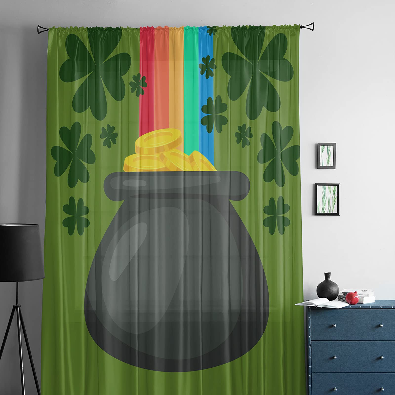 84 Inch Sheer Voile Curtains - Light Filtering Window Drapes for Bedroom, Living Room & Kitchen - Shamrock Pot Rainbow Design for St. Patrick's Day Decor - Rod Pocket Soft Net Curtain Panel for Sliding Doors & Windows - Perfect for Holiday Decorations, Natural Light Control & Privacy