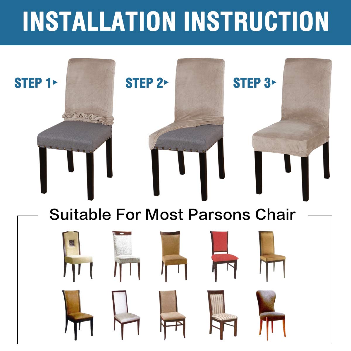 Stretch Velvet Dining Chair Covers Set of 6 - Washable Taupe Slipcovers for Home Decor