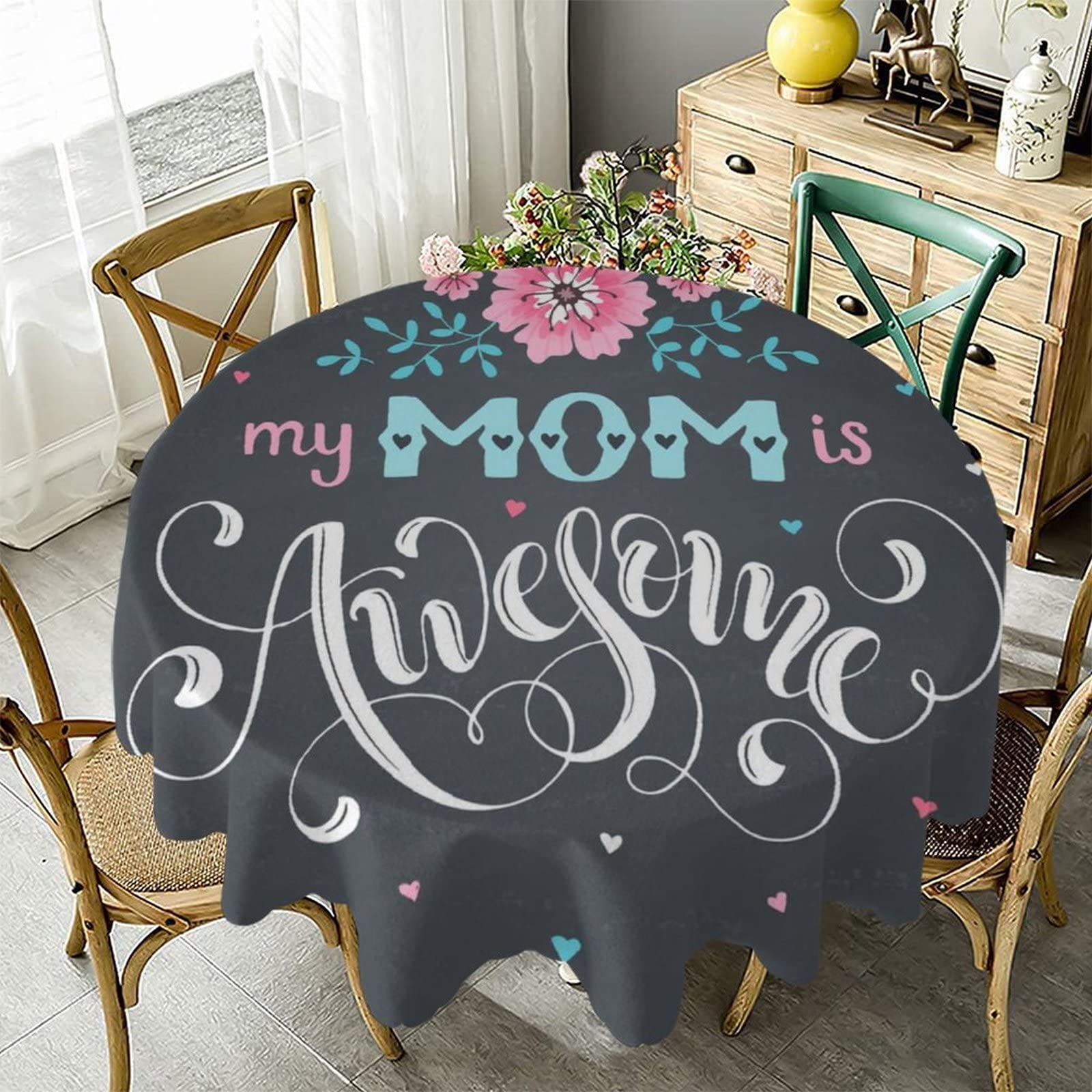 Happy Mother's Day Round Tablecloth 60 Inches - Spill Proof Water Resistant Table Cover for Kitchen, Party, Dinner & Wedding - Perfect for Holiday Gatherings, Family Celebrations & Special Occasions
