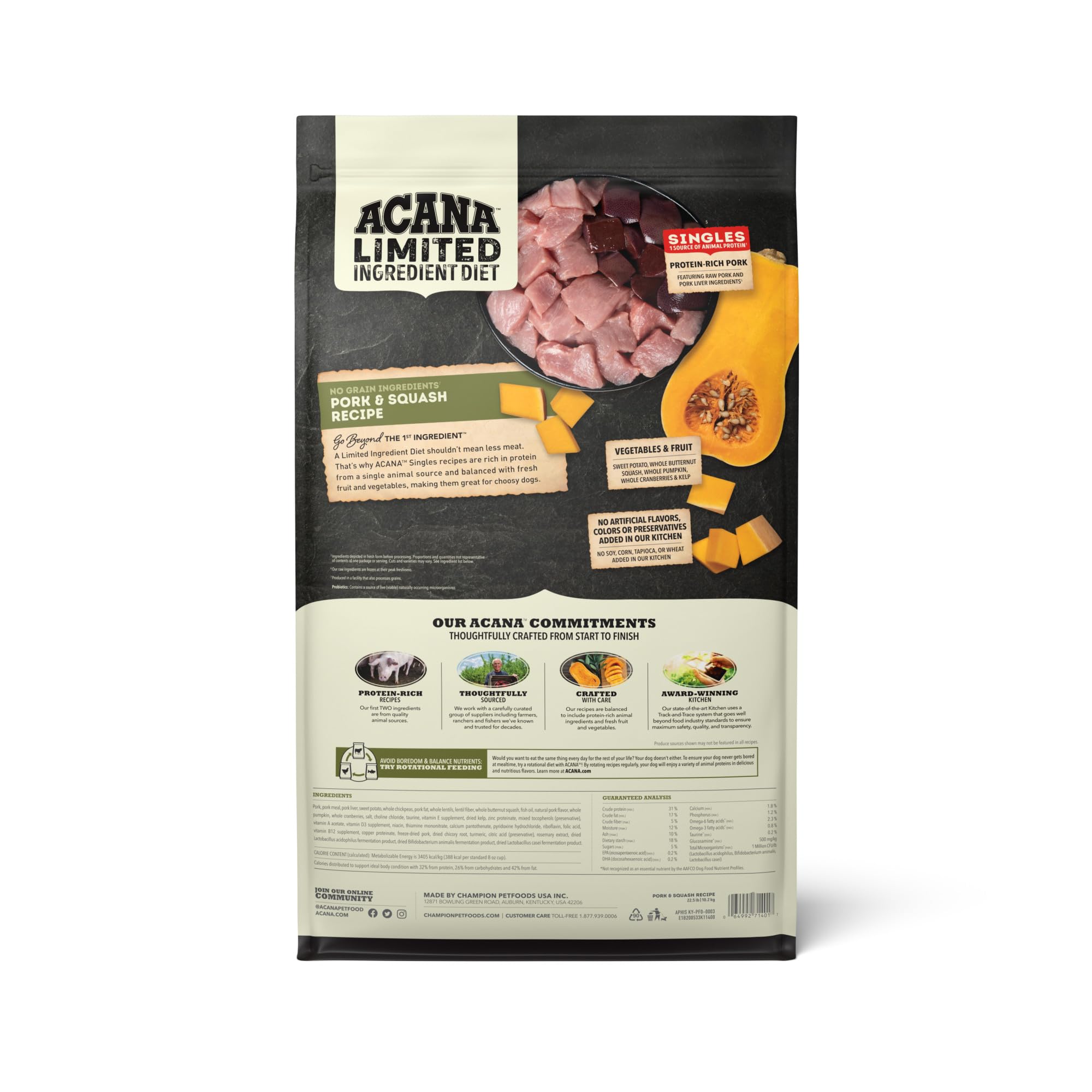 ACANA Singles Limited Ingredient Dry Dog Food - Grain Free High Protein Pork & Squash Recipe for Adult Dogs - 22.5 lb Bag - Perfect for Dogs with Food Sensitivities & Allergies | Ideal for Daily Meals & Training Treats