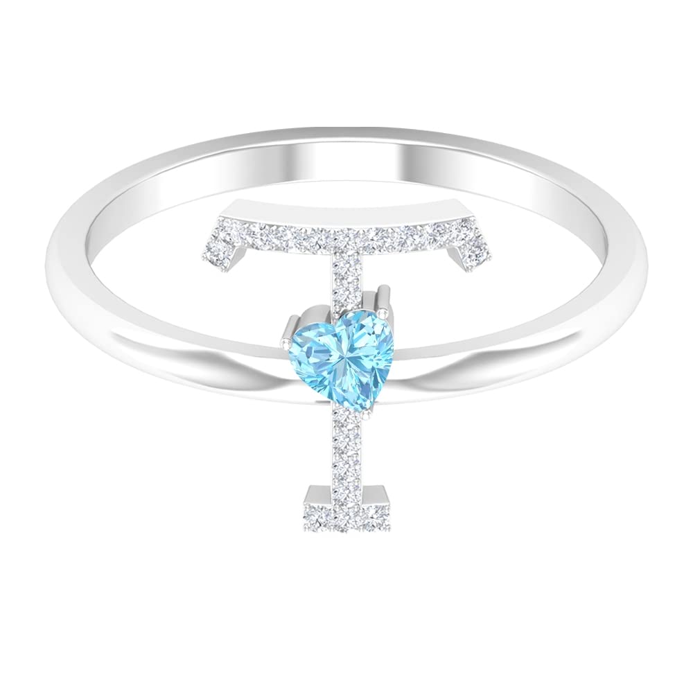 Aquamarine and Diamond Initial Rings for Women - A to Z Alphabet Rings in 14K White Gold, Personalized Heart Jewelry for Birthdays, Anniversaries & Gifts
