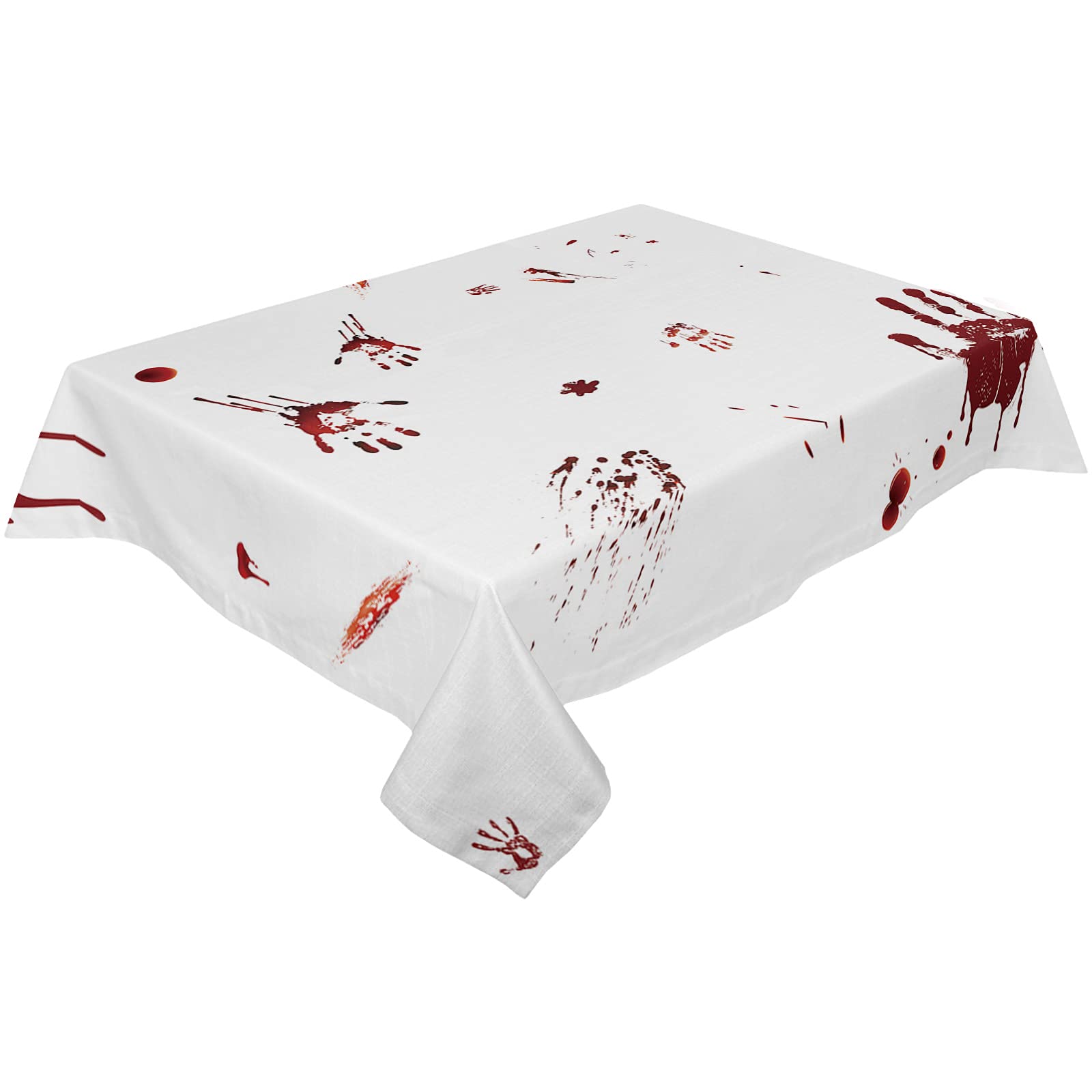Premium Cotton Linen Halloween Tablecloth with Bloody Handprints - Spillproof Kitchen Dining Table Cover for Horror Party Decor (Red & White) - Perfect for Halloween Dinners, Themed Parties & Haunted House Decorations