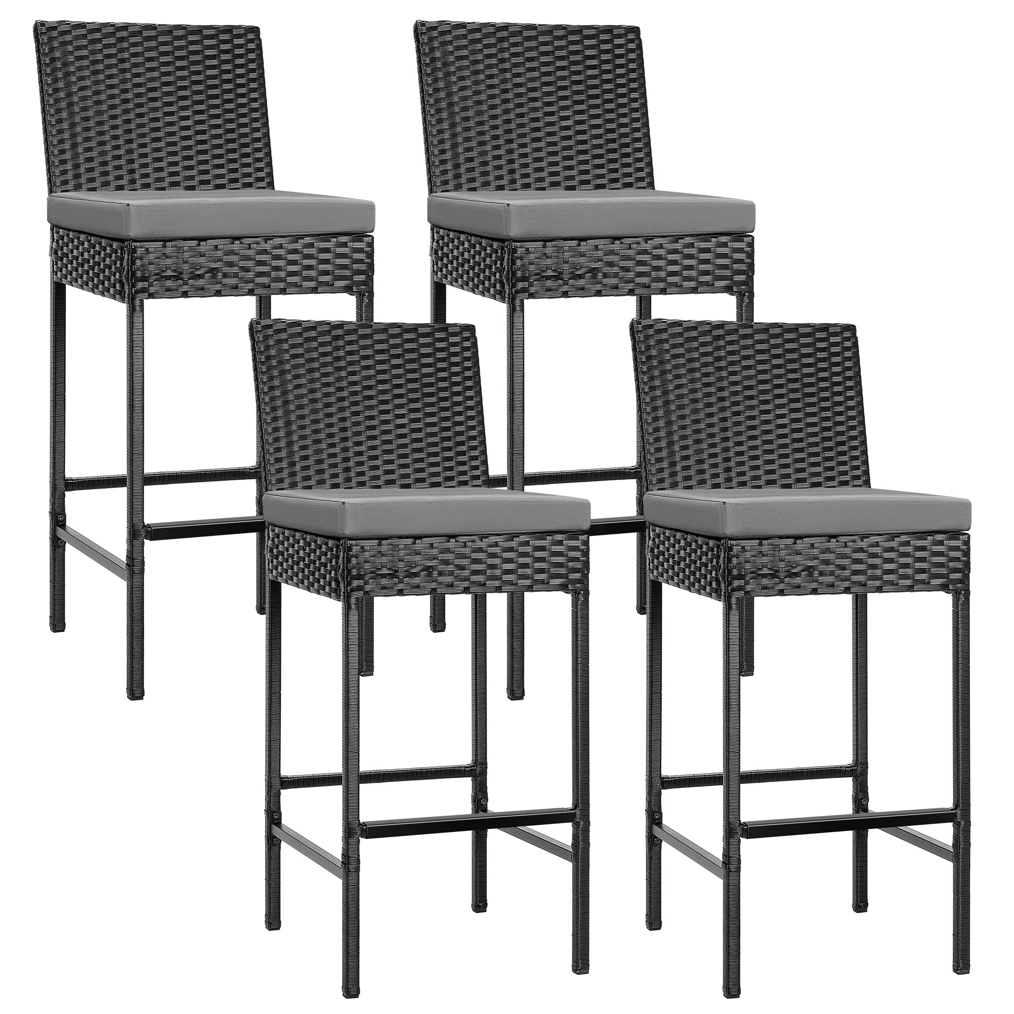 VIVOHOME 4-Pack Outdoor Wicker Bar Stools - PE Rattan Bar Chairs with Cushions, Black - Perfect for Patio, Deck, Garden & Poolside Seating