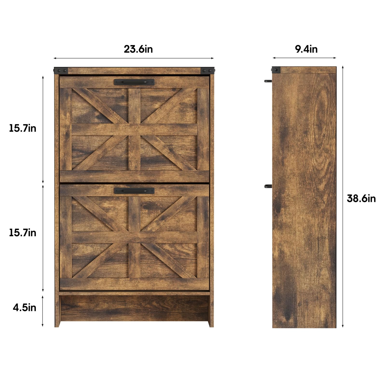 Farmhouse Style Slim Shoe Cabinet with 2 Flip-Up Drawers - Narrow Entryway Storage Organizer for Hidden Shoes - Brown Wooden Shoe Rack - Perfect for Small Spaces, Hallways, and Closet Organization