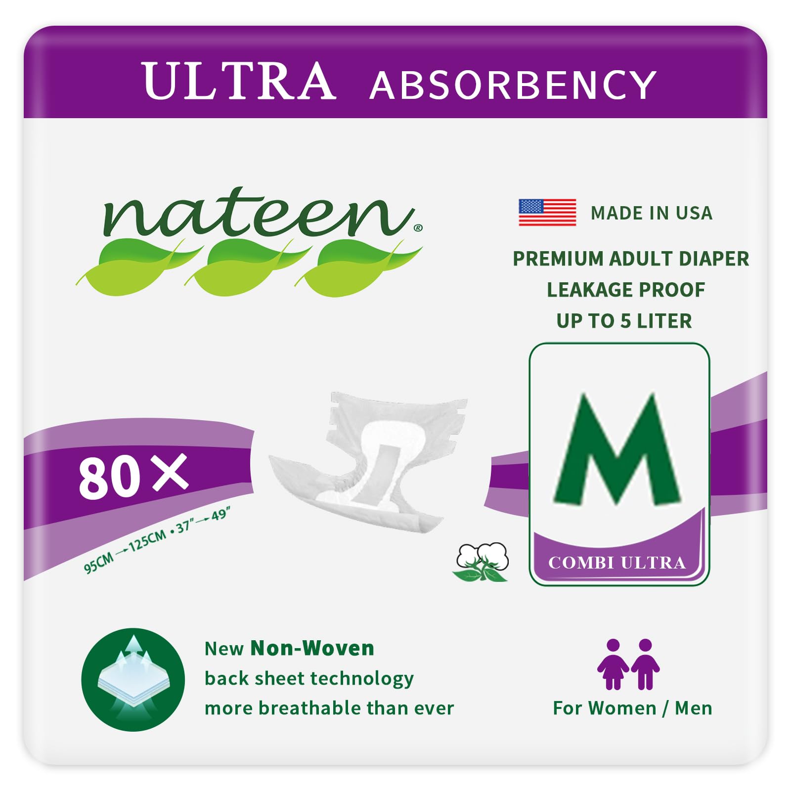 Nateen Combi Ultra Adult Diapers - Unisex Disposable Incontinence Briefs with Tabs for Men & Women - High Absorbency Overnight Protection - Medium Size 80 Count - Ideal for Home Care, Hospital Use and Travel