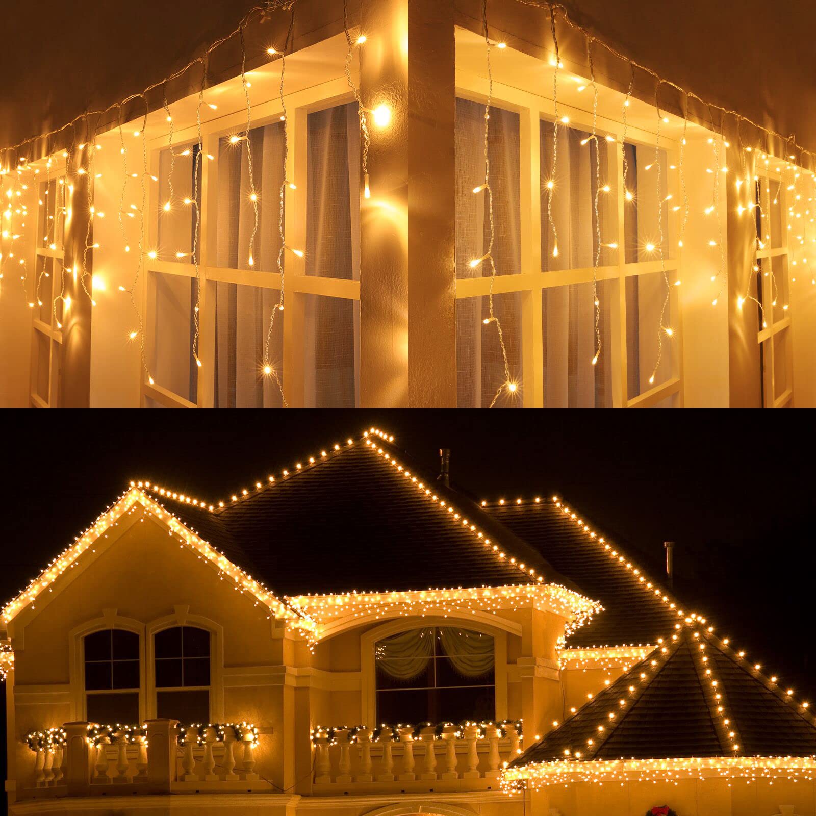 300 LED 29ft Christmas Icicle Lights with 8 Modes & 60 Drops - Waterproof Connectable Outdoor String Lights with Timer for Holiday, Wedding, Christmas Decorations (Warm White) - Perfect for Roof, Porch, Garden & Party Decor