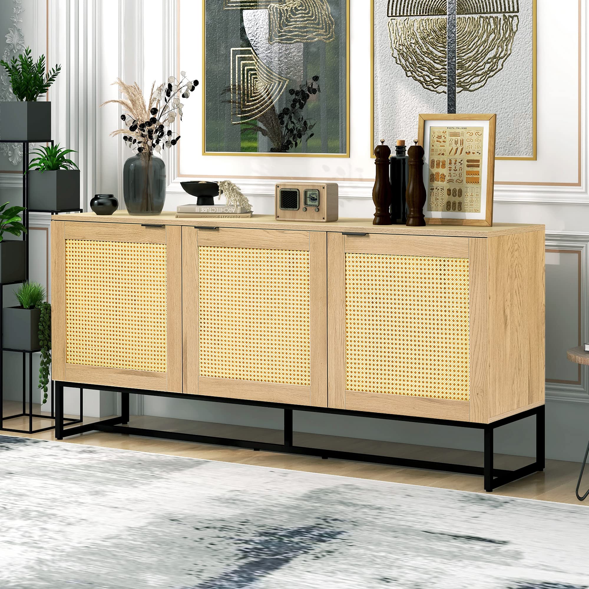 Modern Rattan Buffet Sideboard Cabinet with Natural Rattan Doors - Wood Entryway Console Table & Storage Cabinet for Living Room, Dining Room - Perfect for Home Decor, Storage & Serving (Brown)