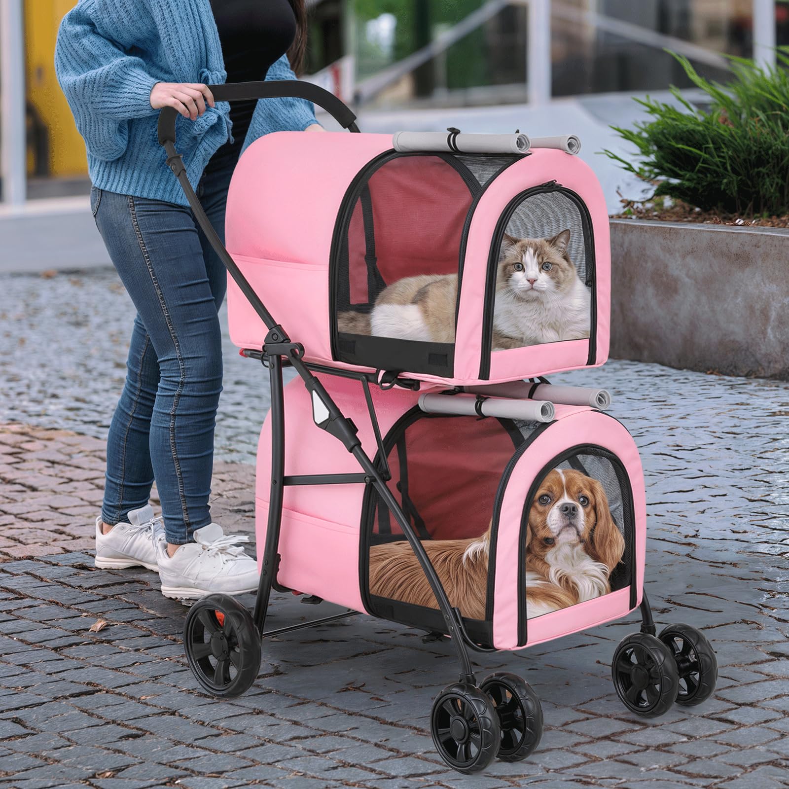 MoNiBloom Double Dog Stroller with Removable Carrier Bags - Large 4-Wheel Foldable Pet Jogger for Small & Medium Dogs & Cats (Pink/Gray) - Perfect for Park Walks, Vet Visits & Outdoor Adventures