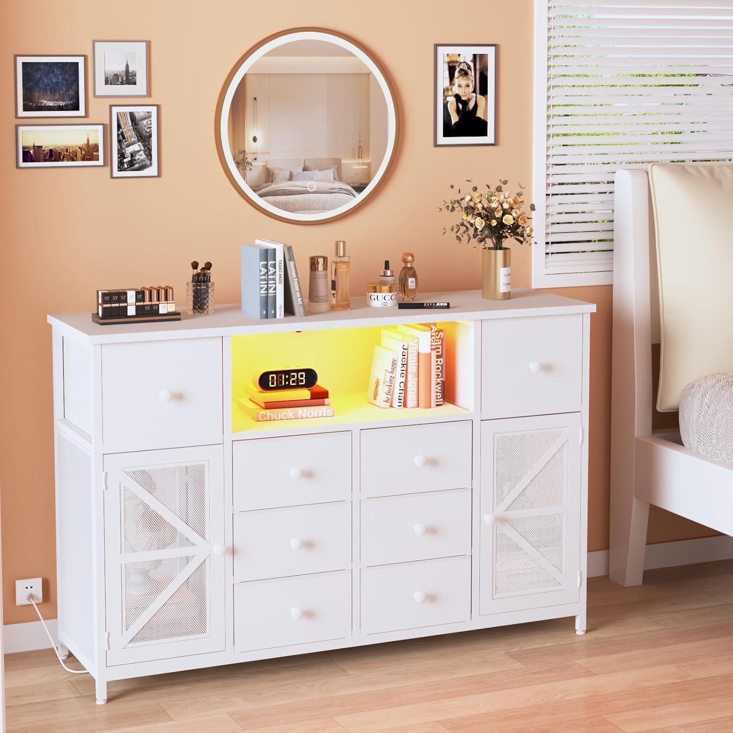 White Dresser with Charging Station & LED Lights - 8 Fabric Drawers & 2 Doors Bedroom Chest - Modern Storage Dresser for Bedroom, Living Room, Nursery - Perfect as TV Stand, Closet Organizer & Nightstand Alternative
